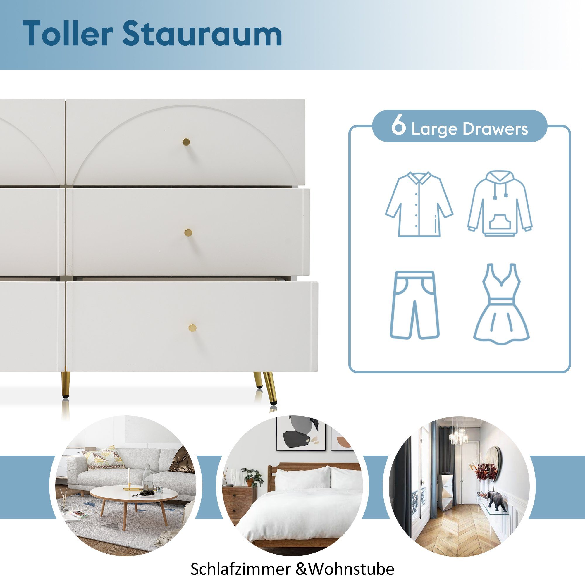 Flieks Kommode, Sideboard Schubladenkommode mit 6 Schubladen 120x40x85cm