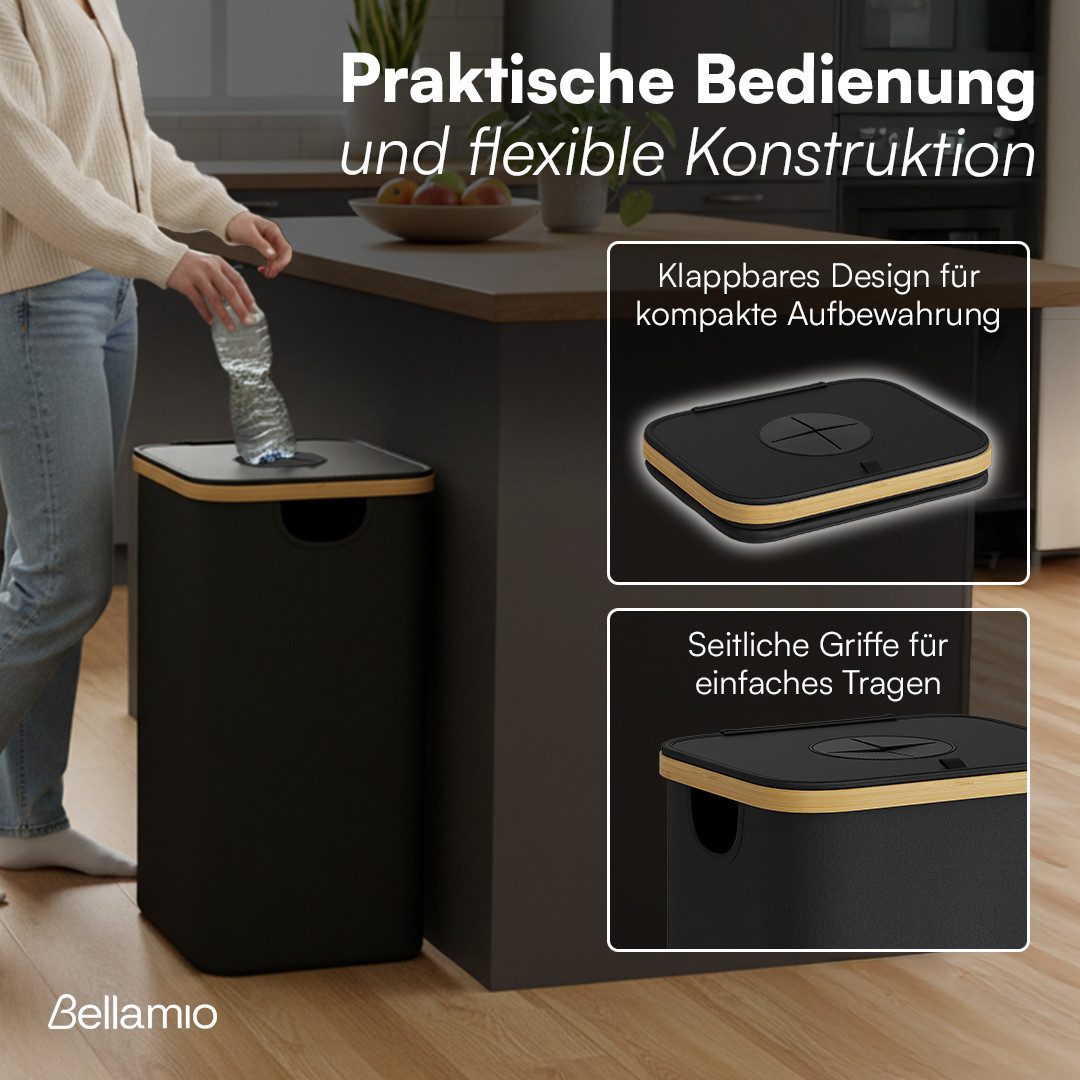 Bellamio Flaschensammler Tolt aus Stoff & Bambus (1 Fach, 100 L), Pfandflaschen Sammelbehälter mit Innenbeutel, Schwarz