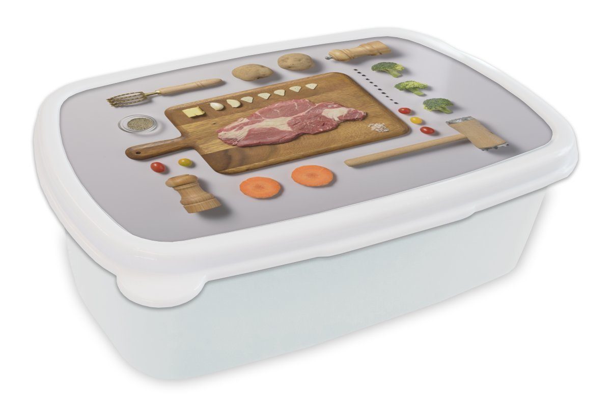 MuchoWow Lunchbox Gegrilltes Rindfleisch auf einem Schneidebrett, Kunststoff, (2-tlg), Brotbox für Kinder und Erwachsene, Brotdose, für Jungs und Mädchen weiß