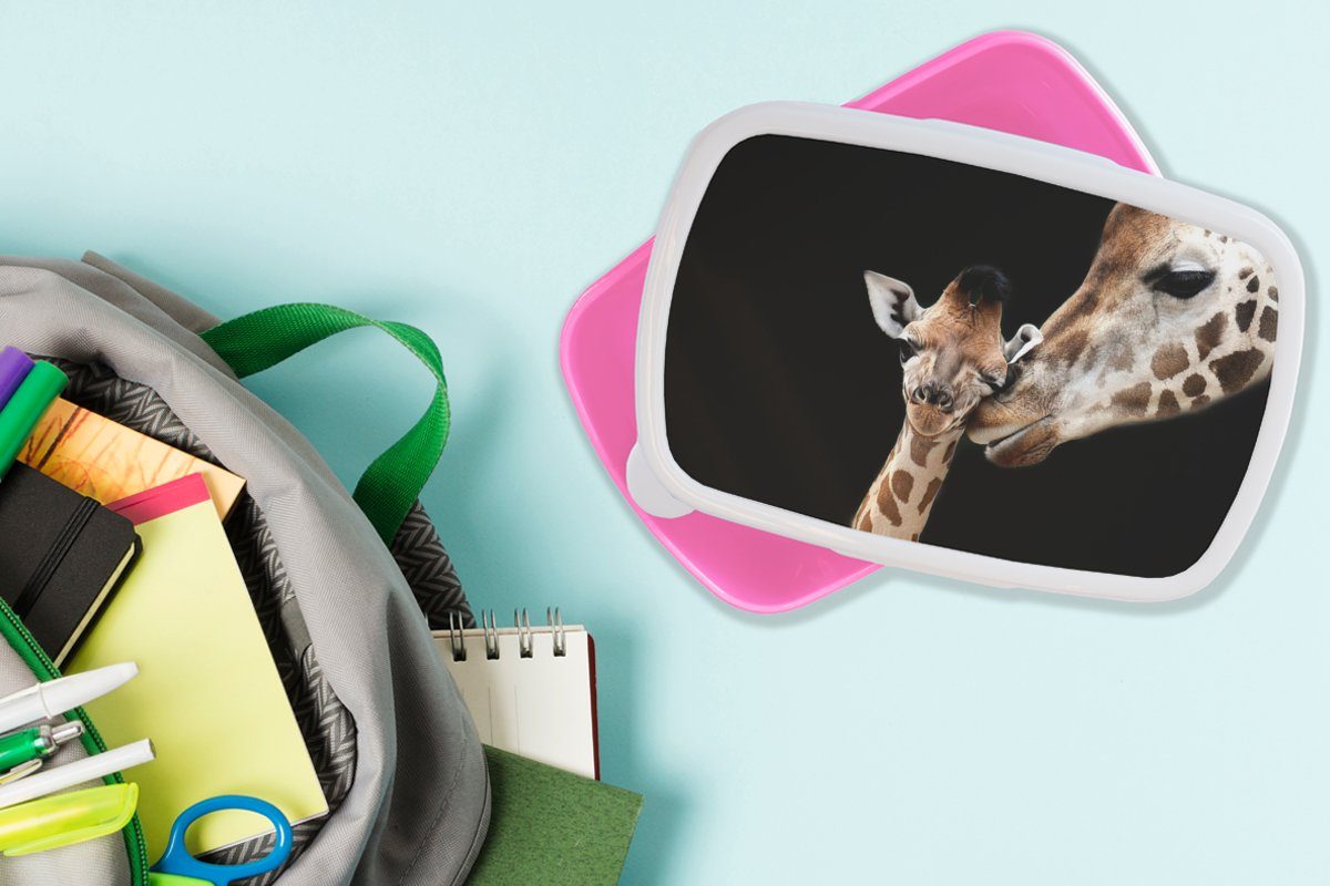 rosa - Porträt Tiere Kinder, - für (2-tlg), Brotbox Mädchen, MuchoWow - Lunchbox Schwarz Kunststoff, Tiere, Kunststoff Brotdose Snackbox, - Erwachsene, Giraffe