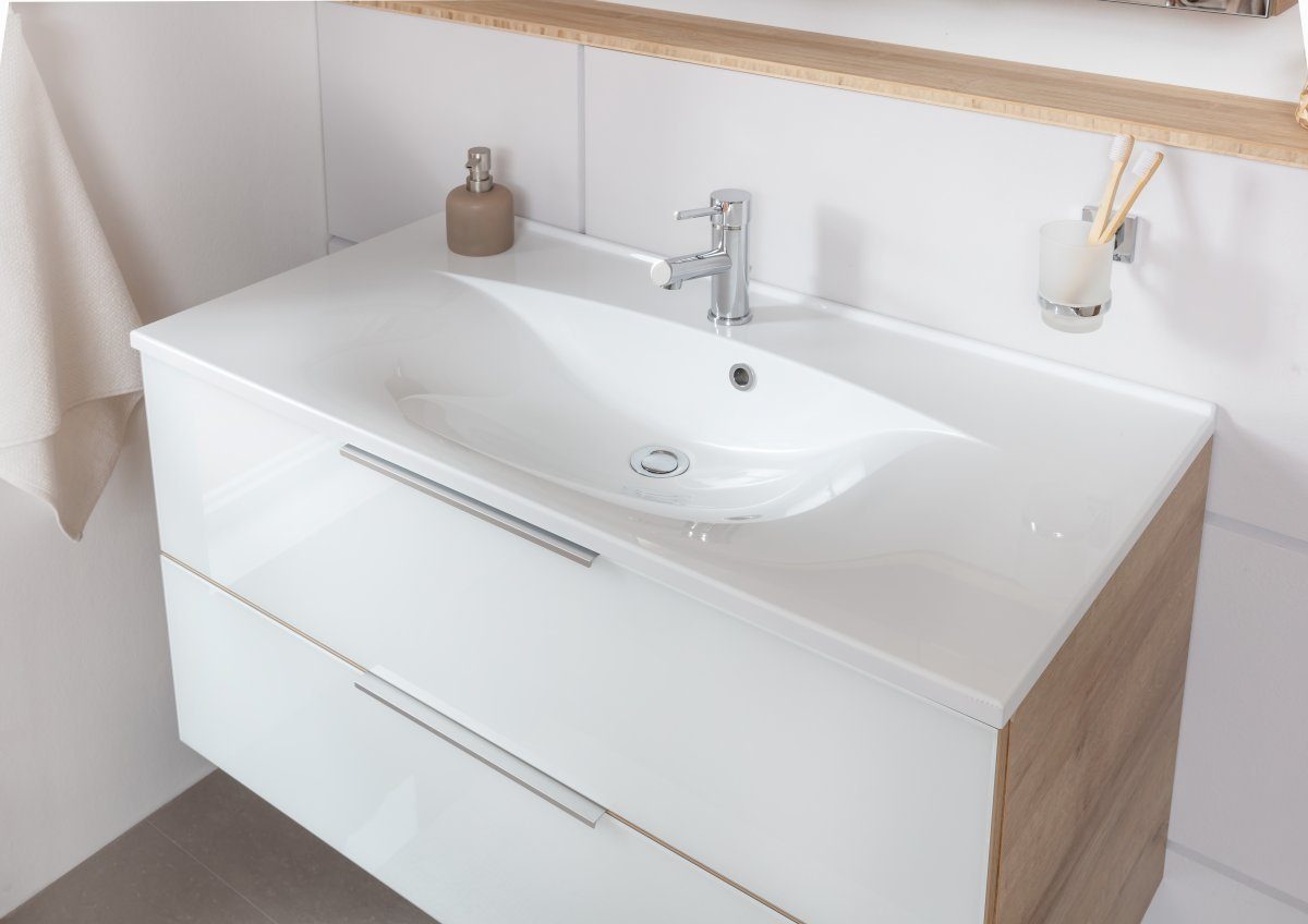 FACKELMANN Waschbeckenunterschrank B.brillant Badmöbelset 100cm - Ast Eiche - Glas Weiß - Gussmarmor