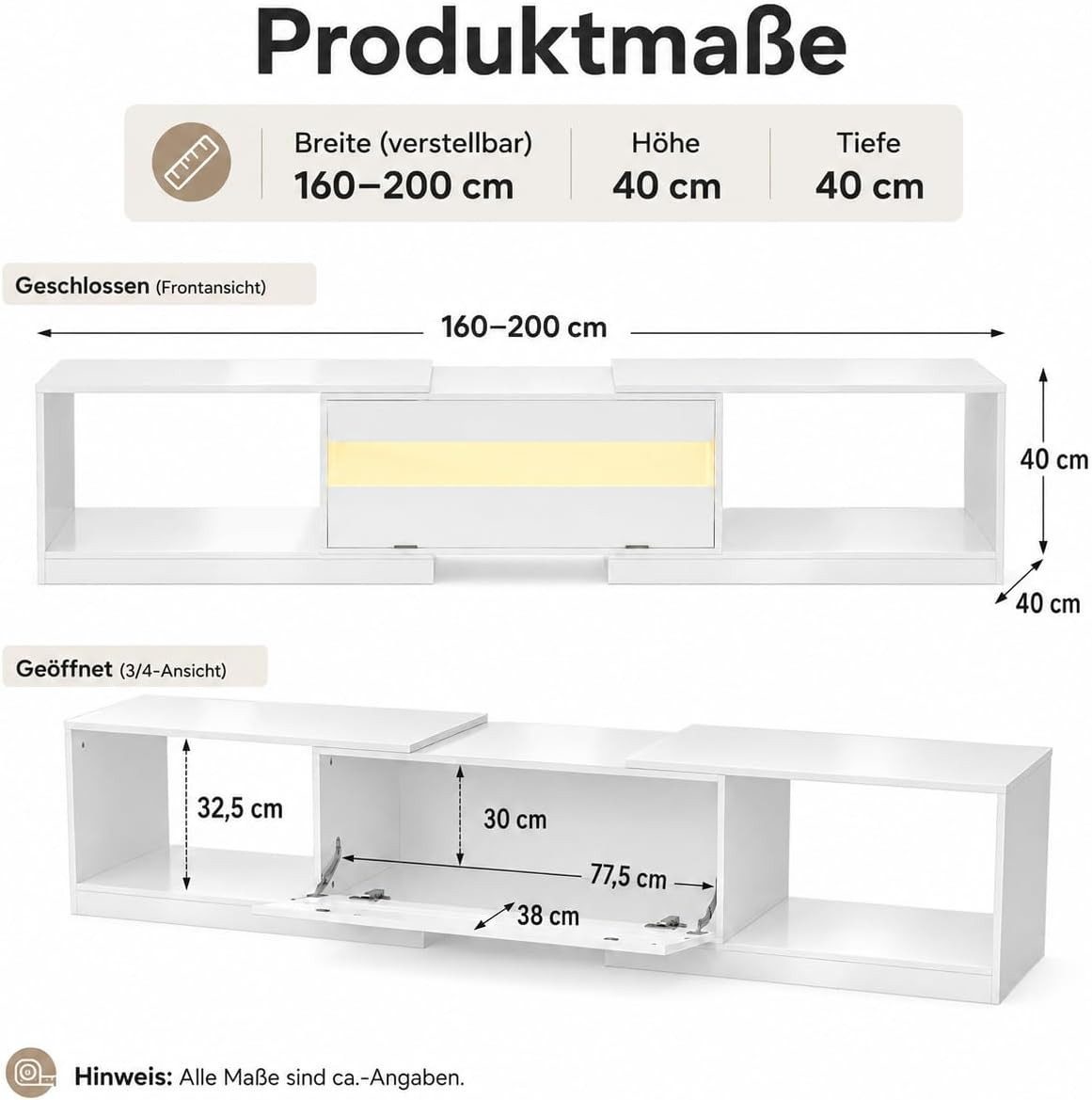 FUFU&GAGA Lowboard 140-200cm TV-Board Hochglanz LED, Weiß/Schwarz, ausziehbar – Bild 4 von 5