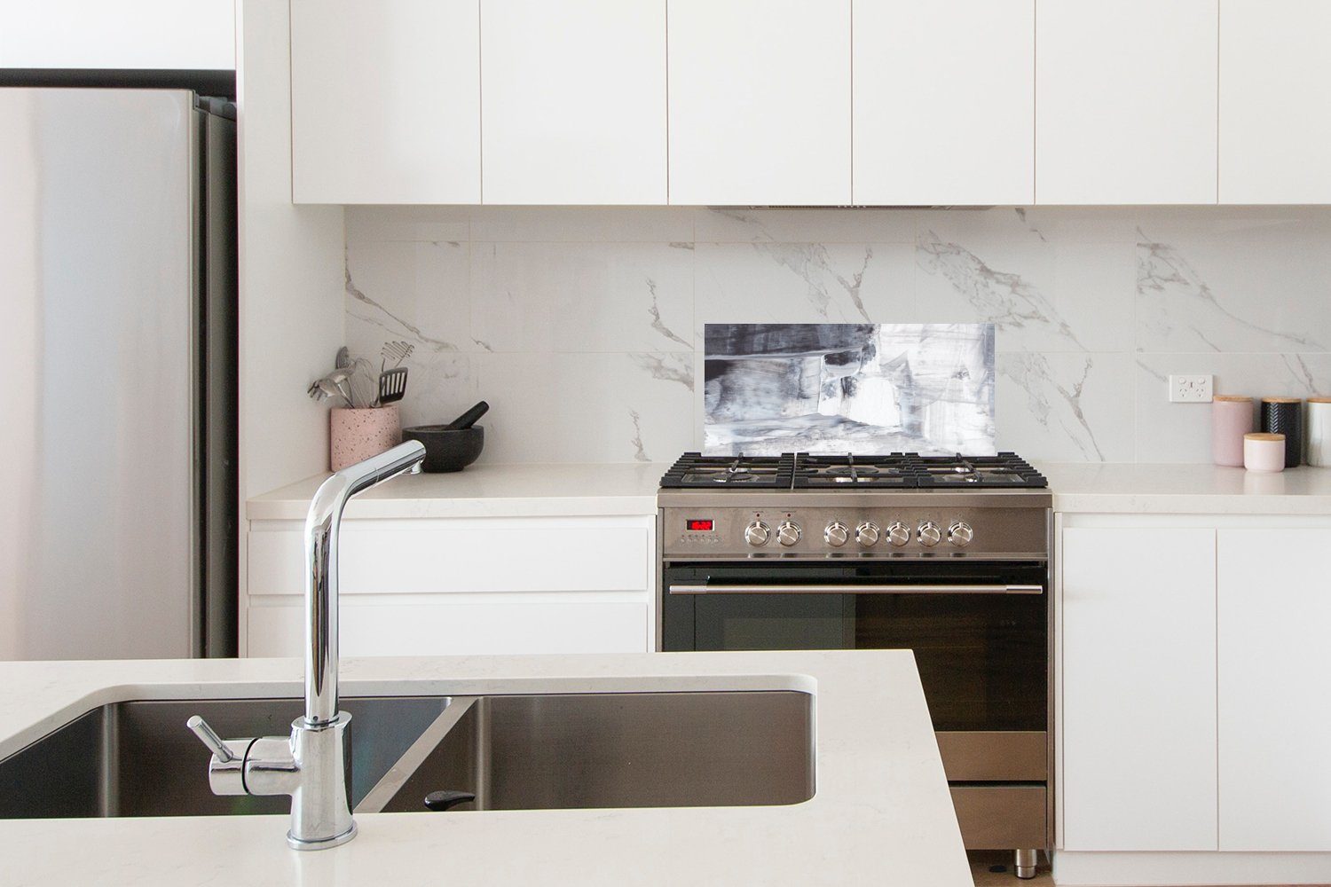 - - 60x30 Schwarz Küchenrückwand cm, (1-tlg), für - - MuchoWow Grau, Küchen und Schmutzflecken Farbe Wandschutz, Fett Weiß Kunst gegen