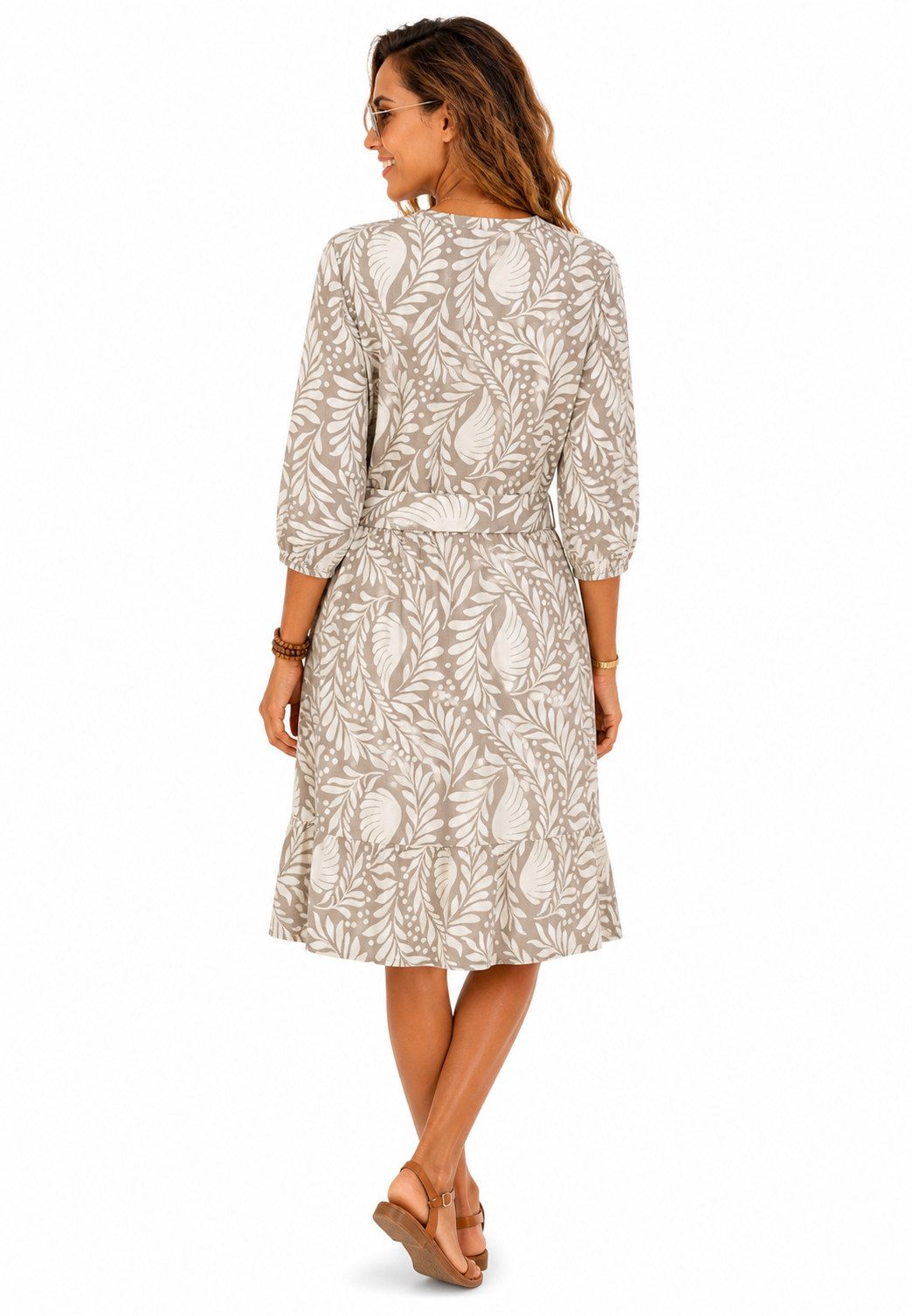 SUBLEVEL Sommerkleid Sommerkleid mit Print und Gürtel Freizeitkleid 3/4 Arm Kleid Volant