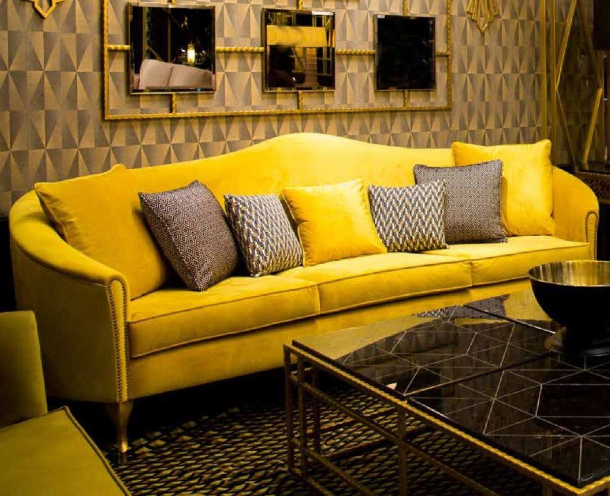 Casa Padrino Sofa Luxus - - Wohnzimmer - 100 H. Gelb mit Barock Wohnzimmer Gold Sofa 280 Luxus 90 / cm Sofa Kissen Edles Möbel x x dekorativen Barock Samt Qualität