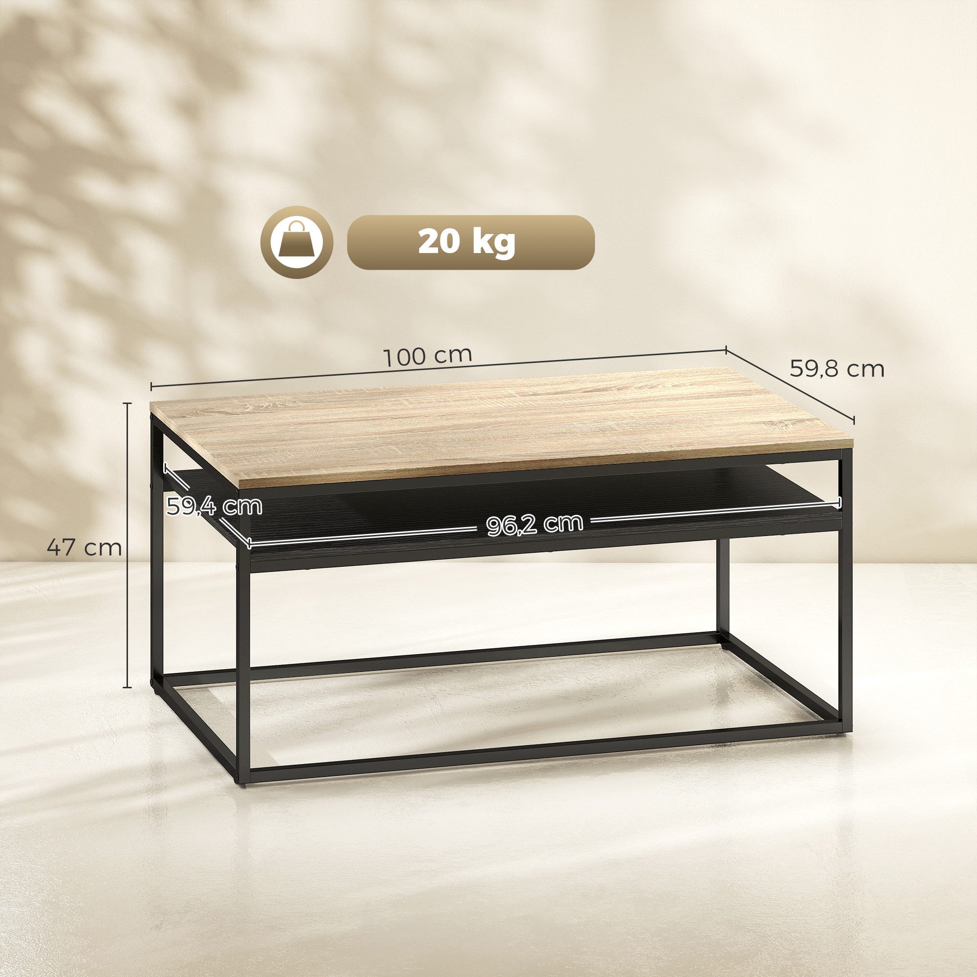 HOMCOM Couchtisch Wohnzimmertisch Beistelltisch mit Ablage (Sofatisch, 1-St., 1 Tisch), für Wohnzimmer, Schlafzimmer, 100 x 59 x 47 cm, Eiche – Bild 3 von 5