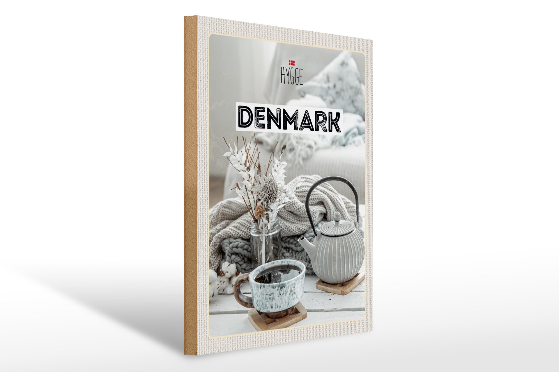 Holzbild Reise 30x40cm Dänemark weiß Teekanne gemütlich Decke