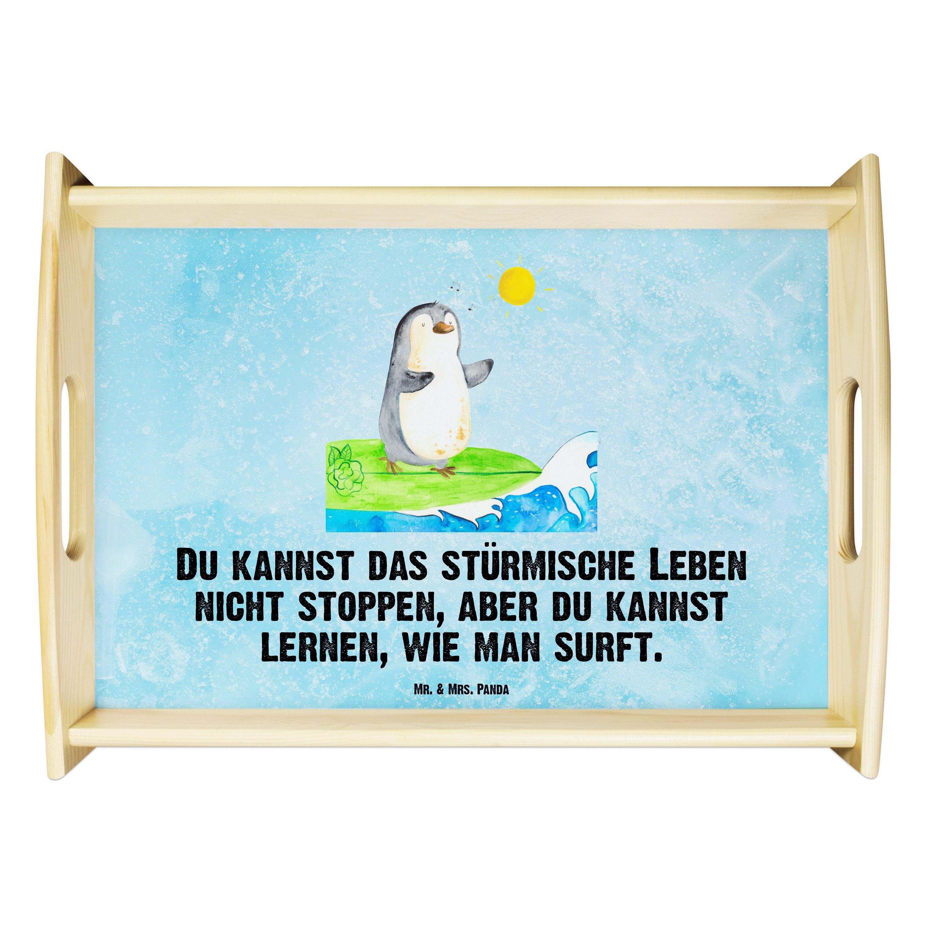 Mr. & Mrs. Panda Tablett Pinguin Surfer - Eisblau - Geschenk, Portugal, Holztablett, Urlaub, W, Echtholz lasiert, (1-tlg)