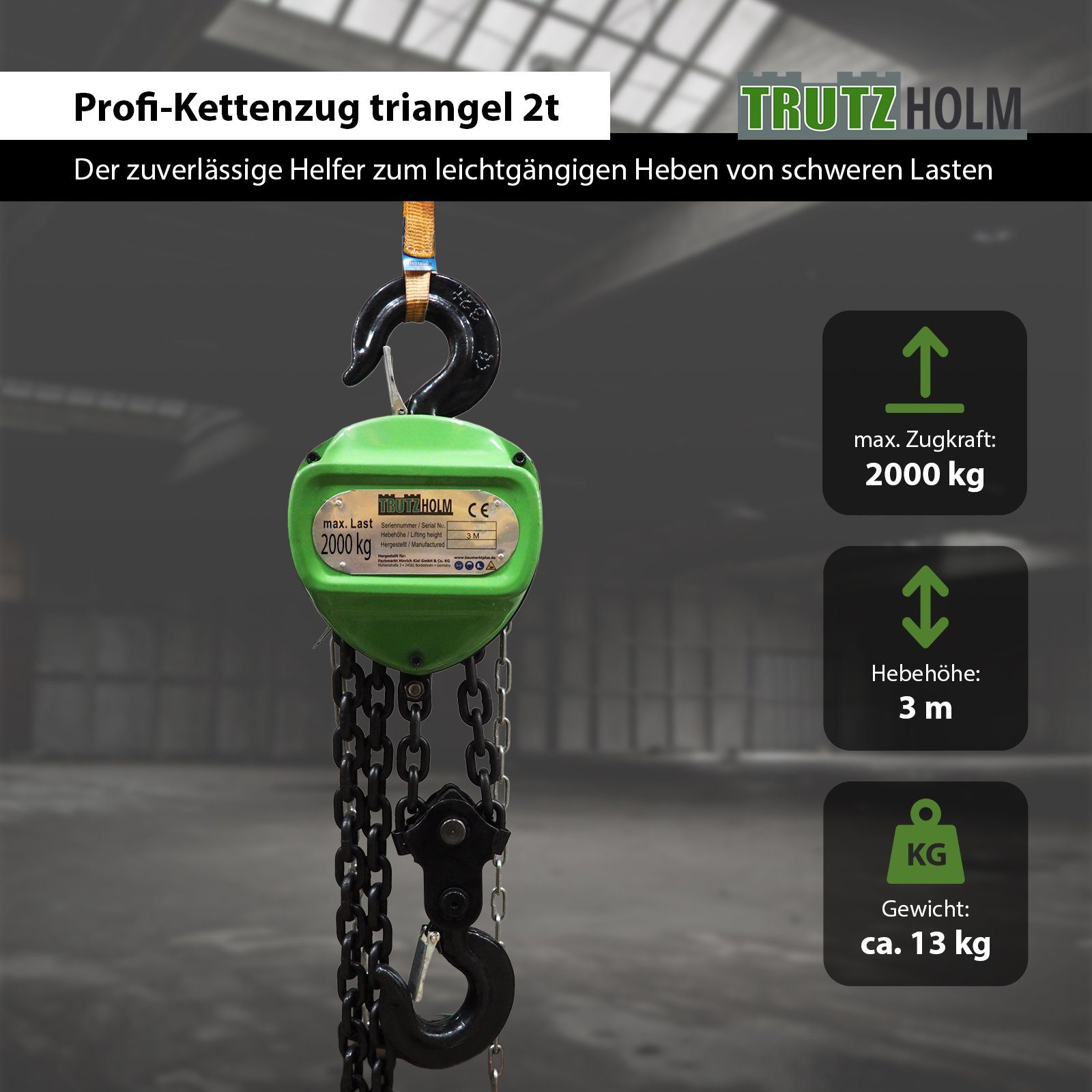 TRUTZHOLM Kettenzug triangel 2t Traglast 3m Hubhöhe Doppelbremse HSC Flaschenzug Hebezug, (Produkt, 1 St), Blockiersystem.