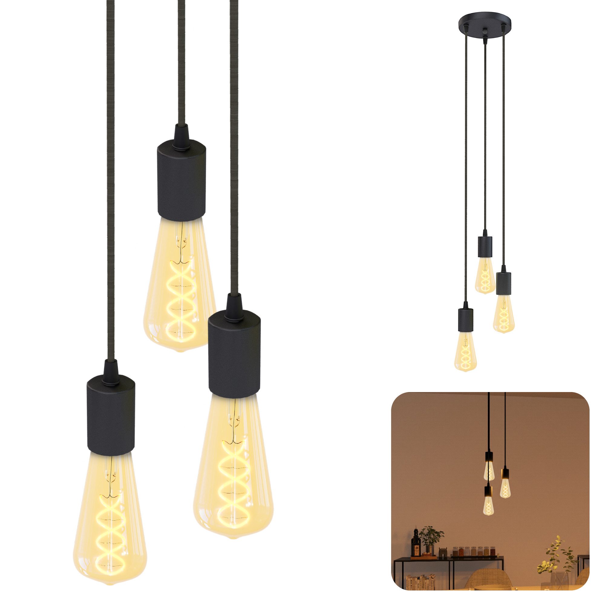 SSC-LUXon LED-Hängeleuchte Hängeleuchte PARU 3er mit E27 Filament LEDs dimmbar 3W, Extra Warmweiß