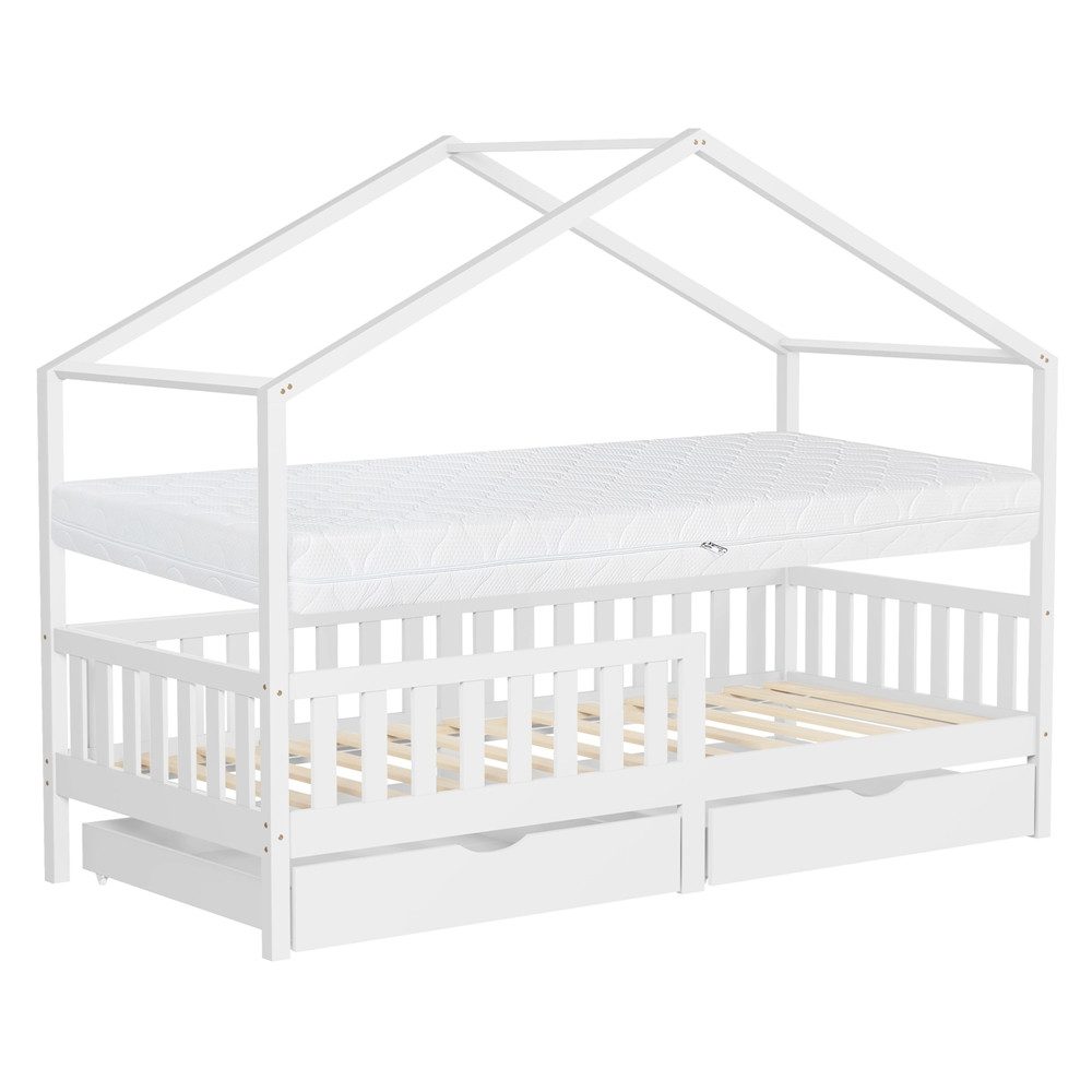 ML-DESIGN Spielbett Hausbett Kinderbett inkl. 2 Schubladen, Lattenrost und Rausfallschutz, Abenteuerbett 90x200cm mit Matratze Himmelbett Kiefer Jugendbett Weiß
