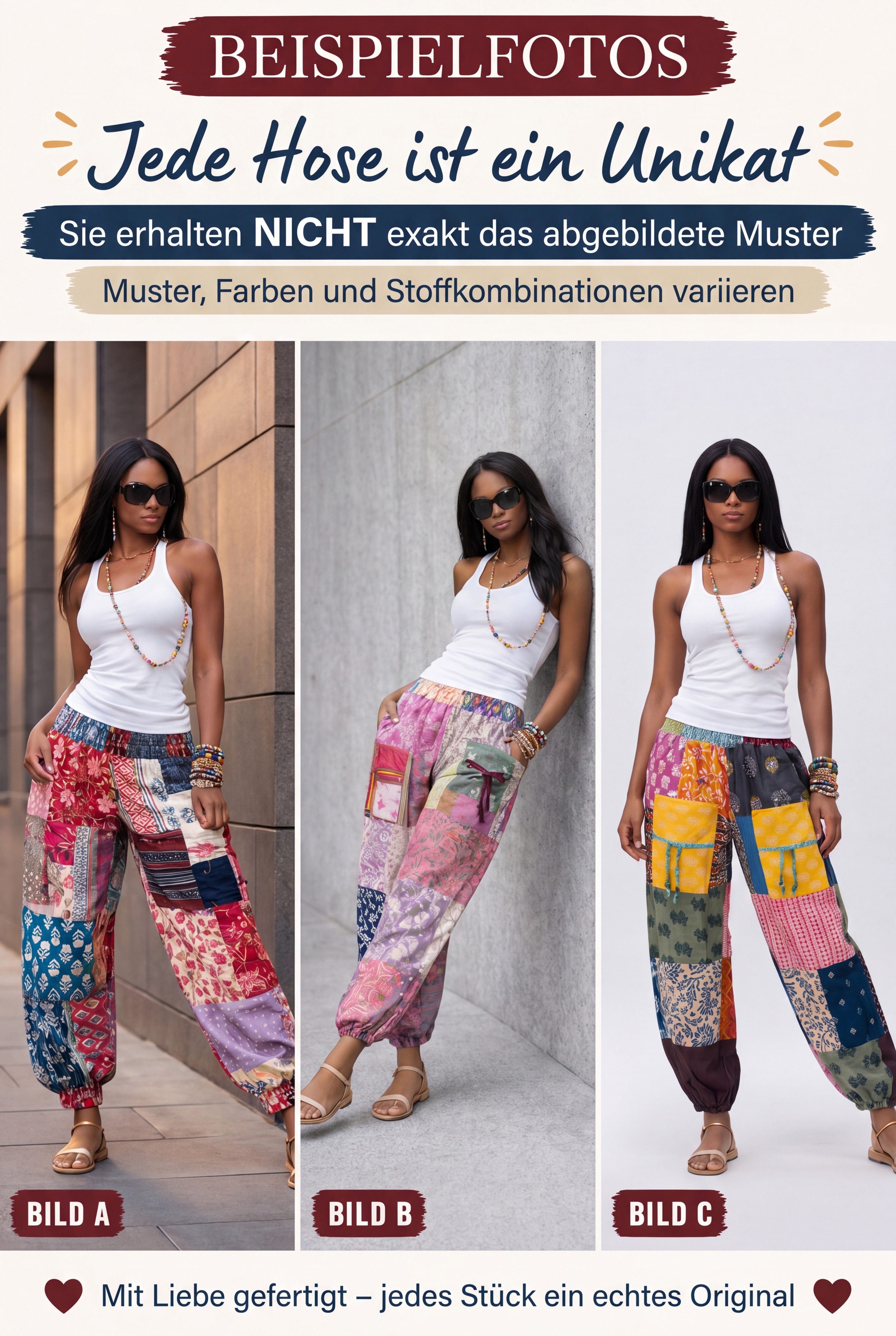 YC Fashion & Style Strandhose Boho Patchwork Hose „Sienna“ – Sommerhose Unikat One Size 34-46 mit elastischem Bund