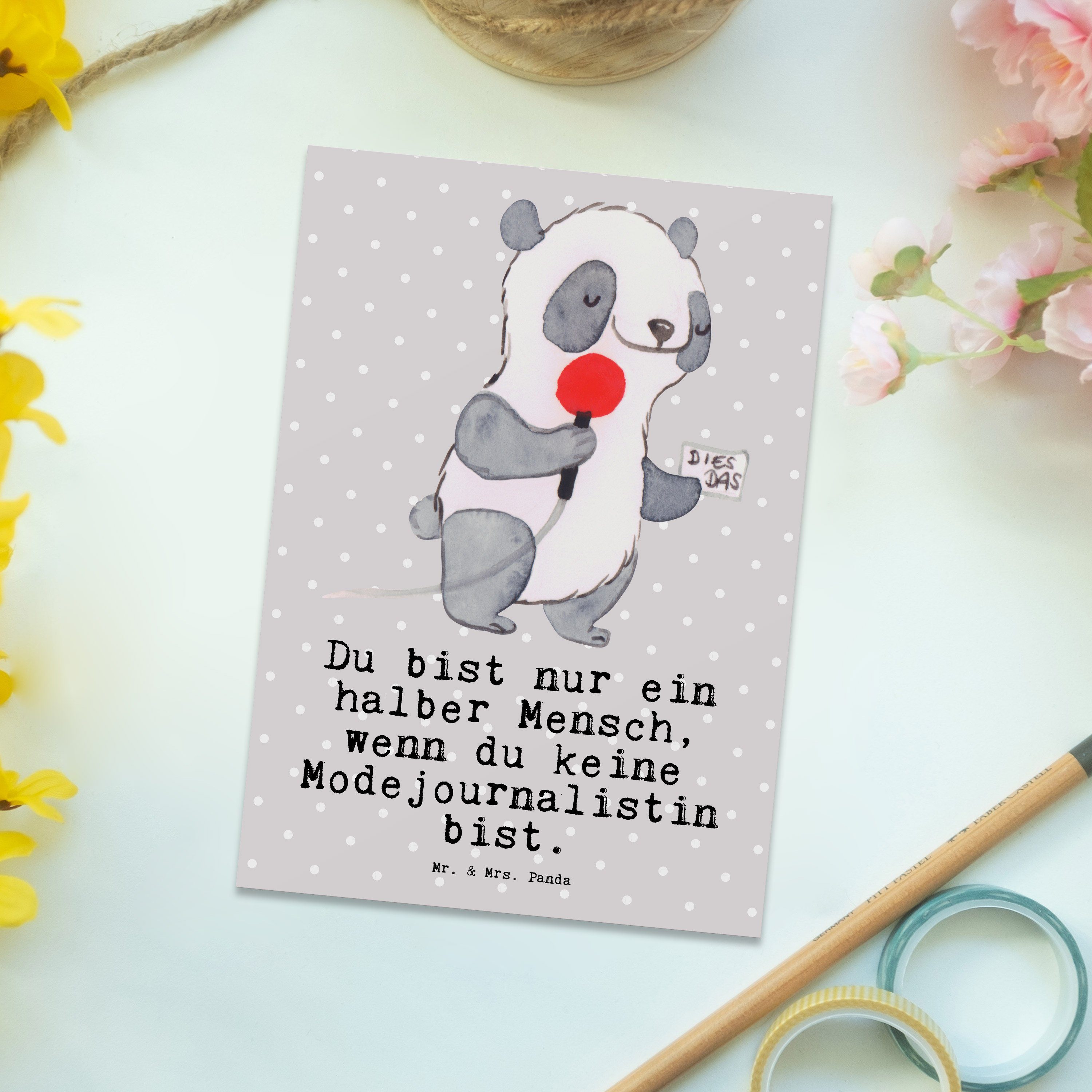 Pastell Grau - Herz - Mr. Geschenk, Postkarte Panda Firma, Pressebür Modejournalistin & mit Mrs.