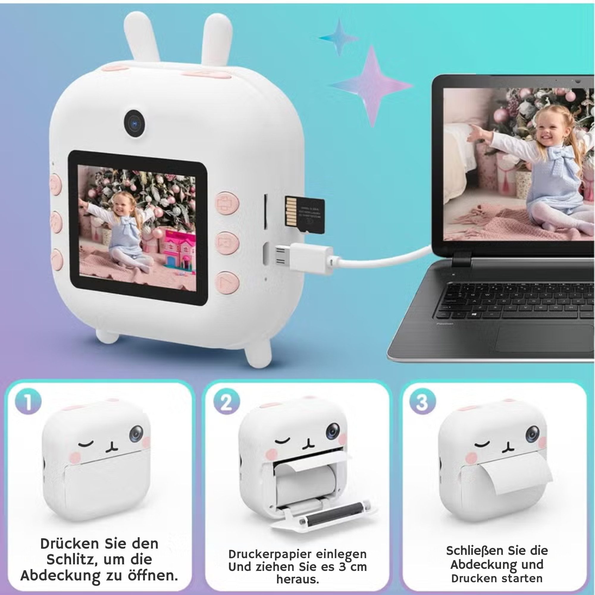Vivitar mit 48MP & 1080P HD Video, Sofortbildkamera mit 32GB Speicherkarte Kinderkamera (48 MP, inkl. Selfie, Zeitraffer & lustigen Rahmen, Kreative Geschenkidee für Kinder, 2.4" IPS Bildschirm, Spielen & Musikplayer, mit Druckfunktion)