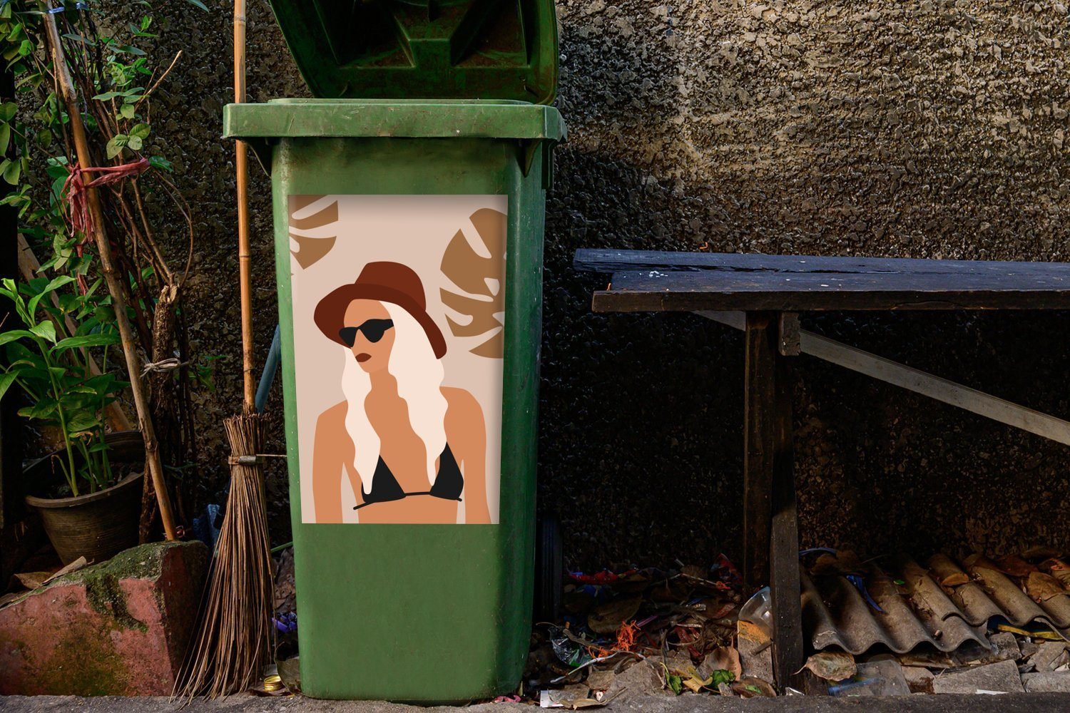 St), Mülleimer-aufkleber, - Blätter Bikini MuchoWow (1 Abfalbehälter Mülltonne, - Container, Wandsticker Sticker, Sommer
