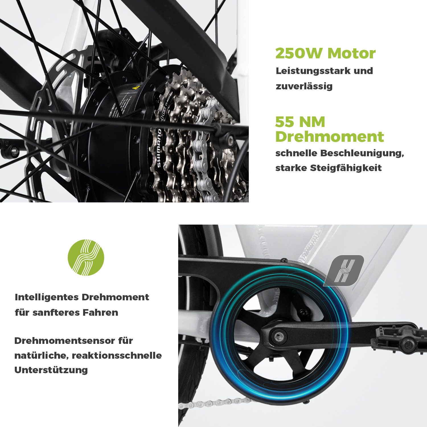 DERUIZ E-Bike Cityrad 28 Zoll, Elektrofahrrad, max. 150km, Drehmomentsensor, 8 Gang Shimano Altus RD-M310 Schaltwerk, Kettenschaltung, Heckmotor, 644 Wh, (Federgabel mit Lockout, Aluminium-Schutzbleche, leicht, nur ca. 24kg), Farb-LCD-Display mit Bluetooth & APP, RH: 44cm, Hydr. Scheibenbremsen