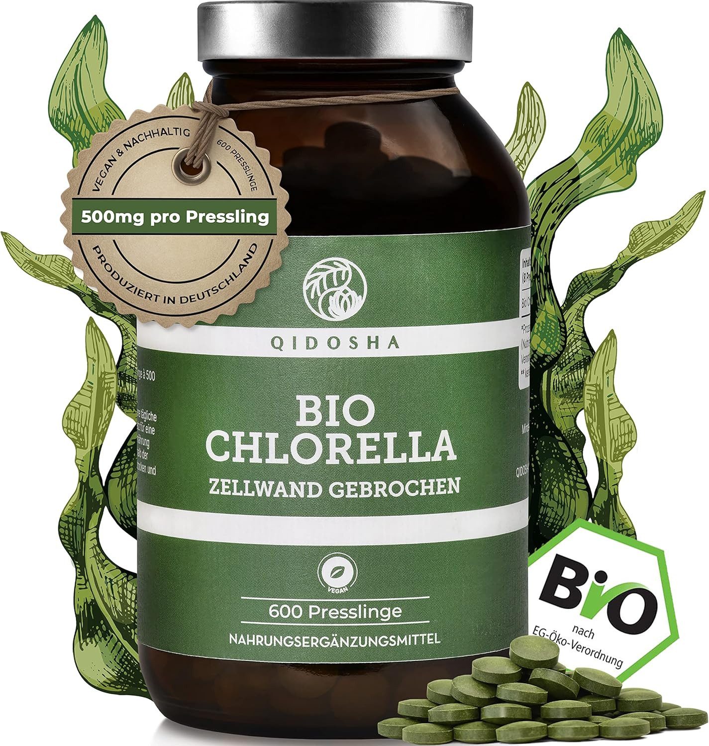 QIDOSHA Bio Chlorella Presslinge - Kapseln, 600 Stk/Glas, 500mg je Pressling, 100% natürliches Bio-Chlorella vulgaris Pulver aus kontrolliert biologischem Anbau, mit bereits aufgebrochener Zellwand à 600 St., 300 g