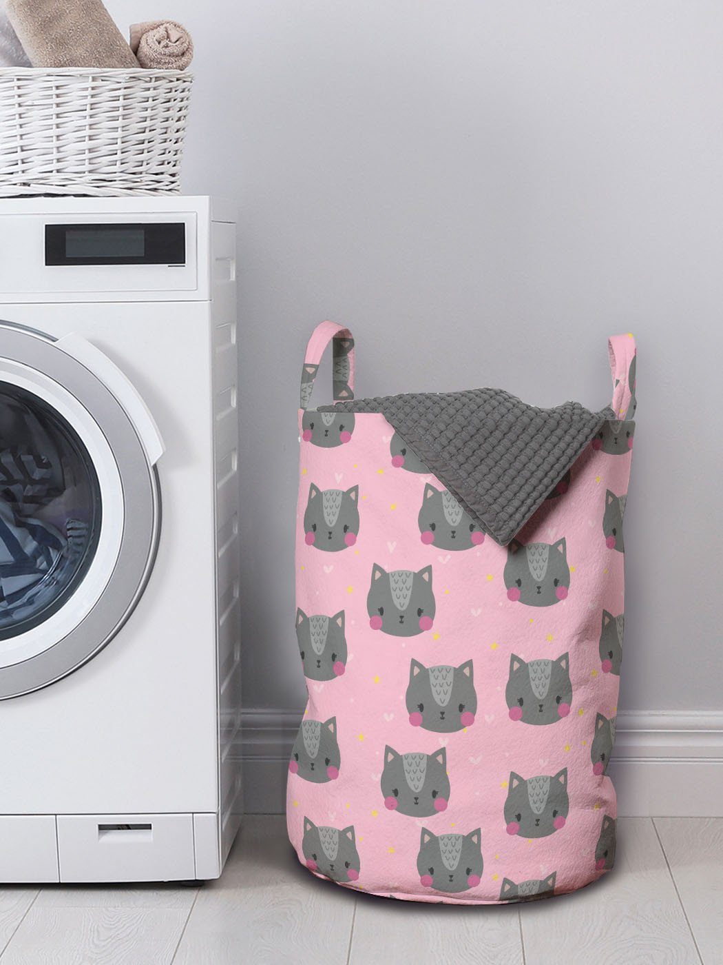 Wäschekorb Katze Waschsalons, Kordelzugverschluss Griffen für Portrait Pet Graustufen- Abakuhaus Wäschesäckchen mit