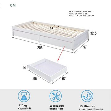 OKWISH Bett Einzelbett Kinderbett Massivholzbett (mit 2 Schubladen und Lattenrost, Matratze nicht enthalten), mit 2 Schubladen, Ohne Matratze