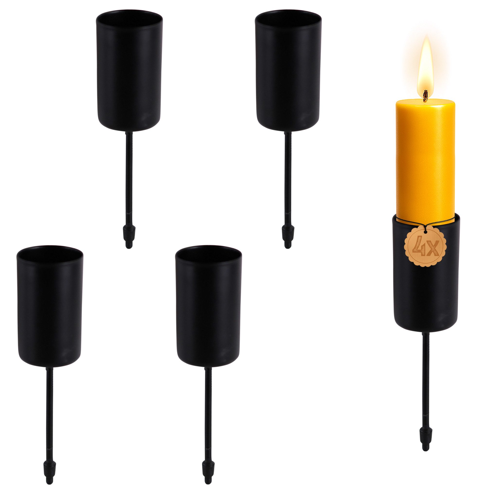 matches21 HOME & HOBBY Kerzenhalter Kerzenhalter 4er Set Metall Schwarz Ø 2,3 cm mit Stab (4 St), Adventskranz Kerzentüllen für Stabkerzen