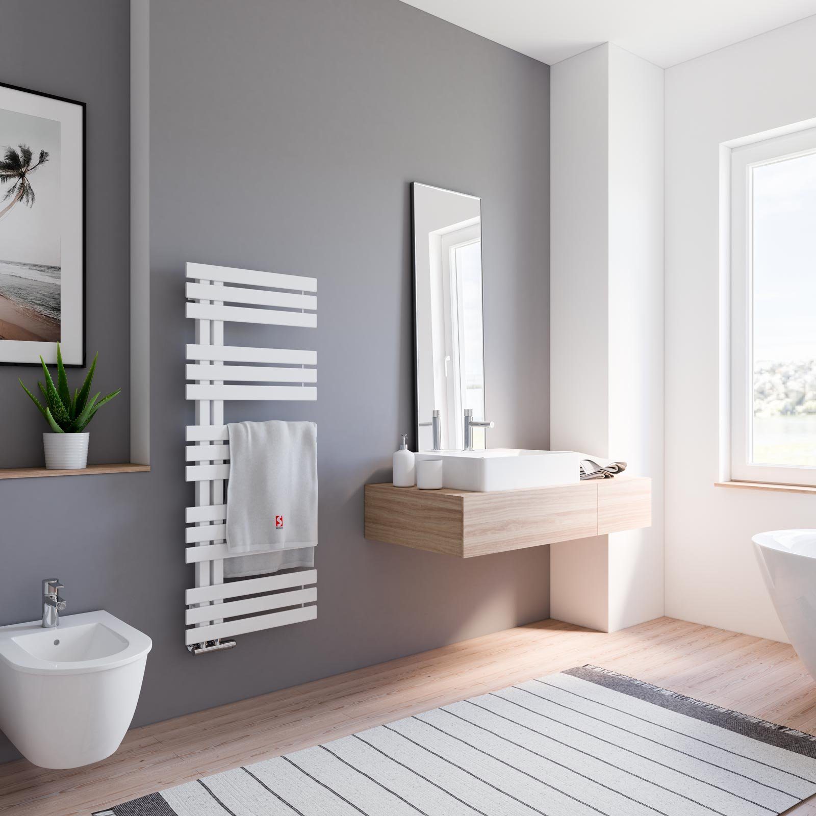 Schulte Badheizkörper Emma Design-Heizkörper, 123x50 cm, Anschluss unten, Weiß, 496 Watt, Handtuchwärmer