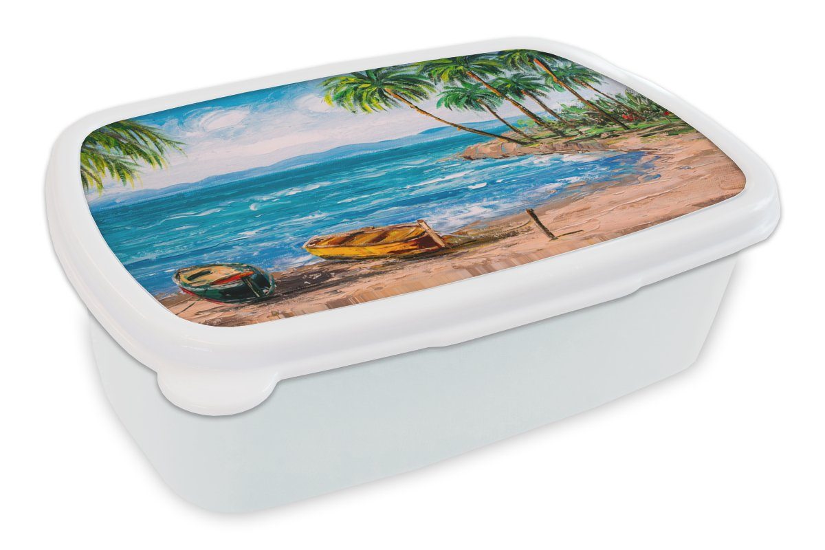 MuchoWow Lunchbox Gemälde - Öl auf Leinwand - Strand - Palme - Boot, Kunststoff, (2-tlg), Brotbox für Kinder und Erwachsene, Brotdose, für Jungs und Mädchen weiß