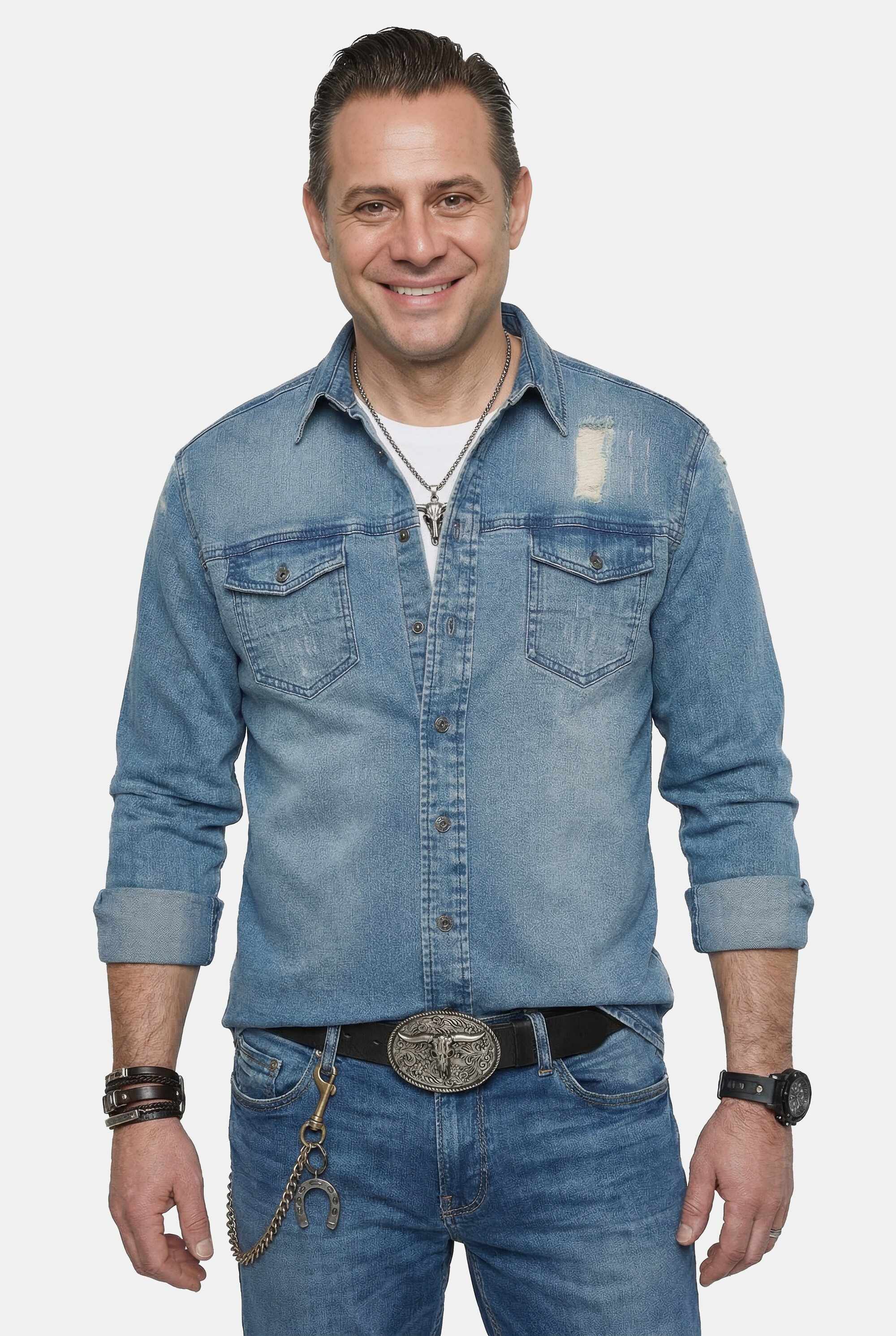 Businesshemd Jeanshemd FLEXNAMIC® Denim Langarm Kentkragen