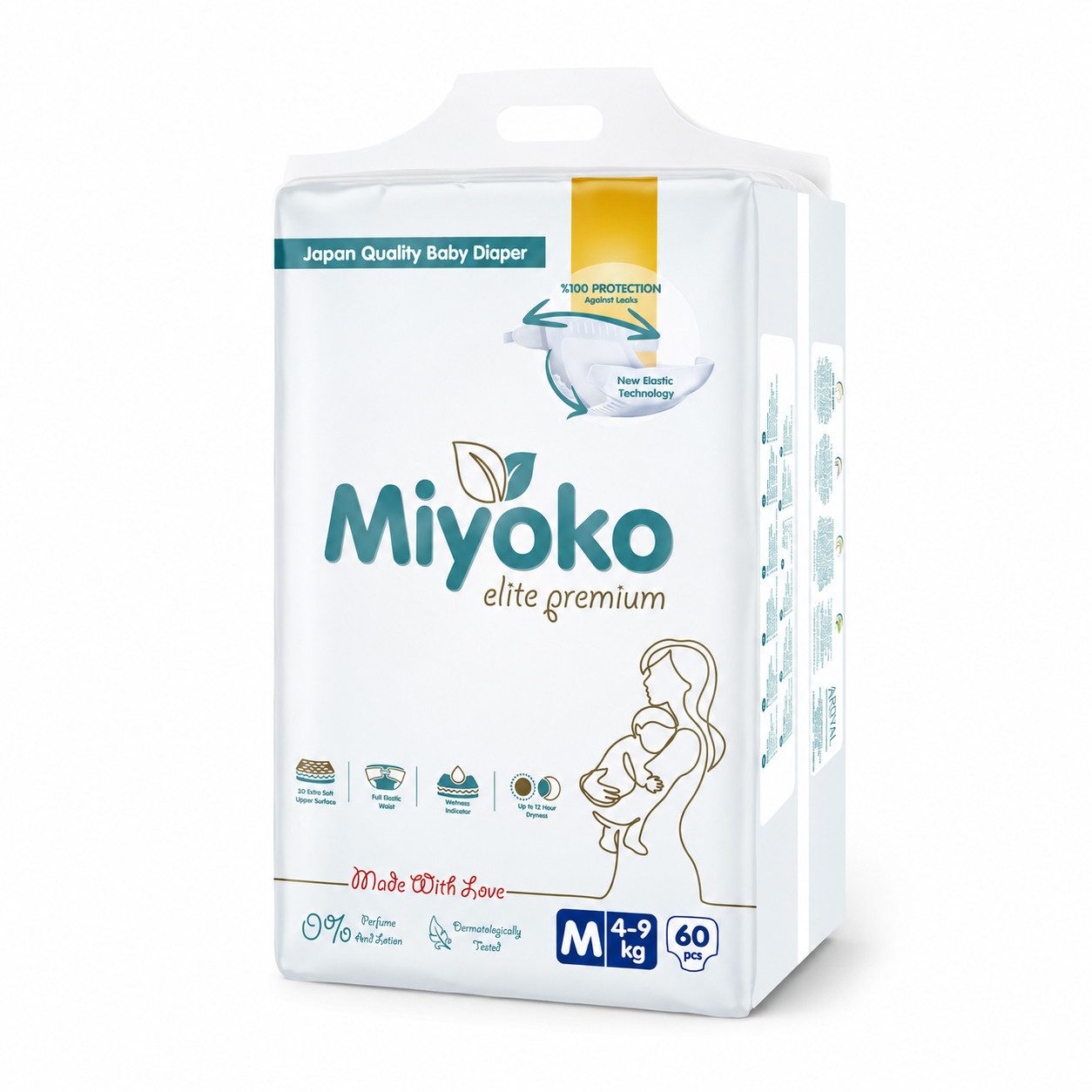 Preline Windeln Miyoko Elite Premium Babywindel, 3D extra weiche Oberfläche (Einzelpackung, 1er-Set, Größe S–XXL, 38–68 Stück je nach Größe), Nässeindikator, elastischer Bund, bis zu 12 Std. Trockenheit