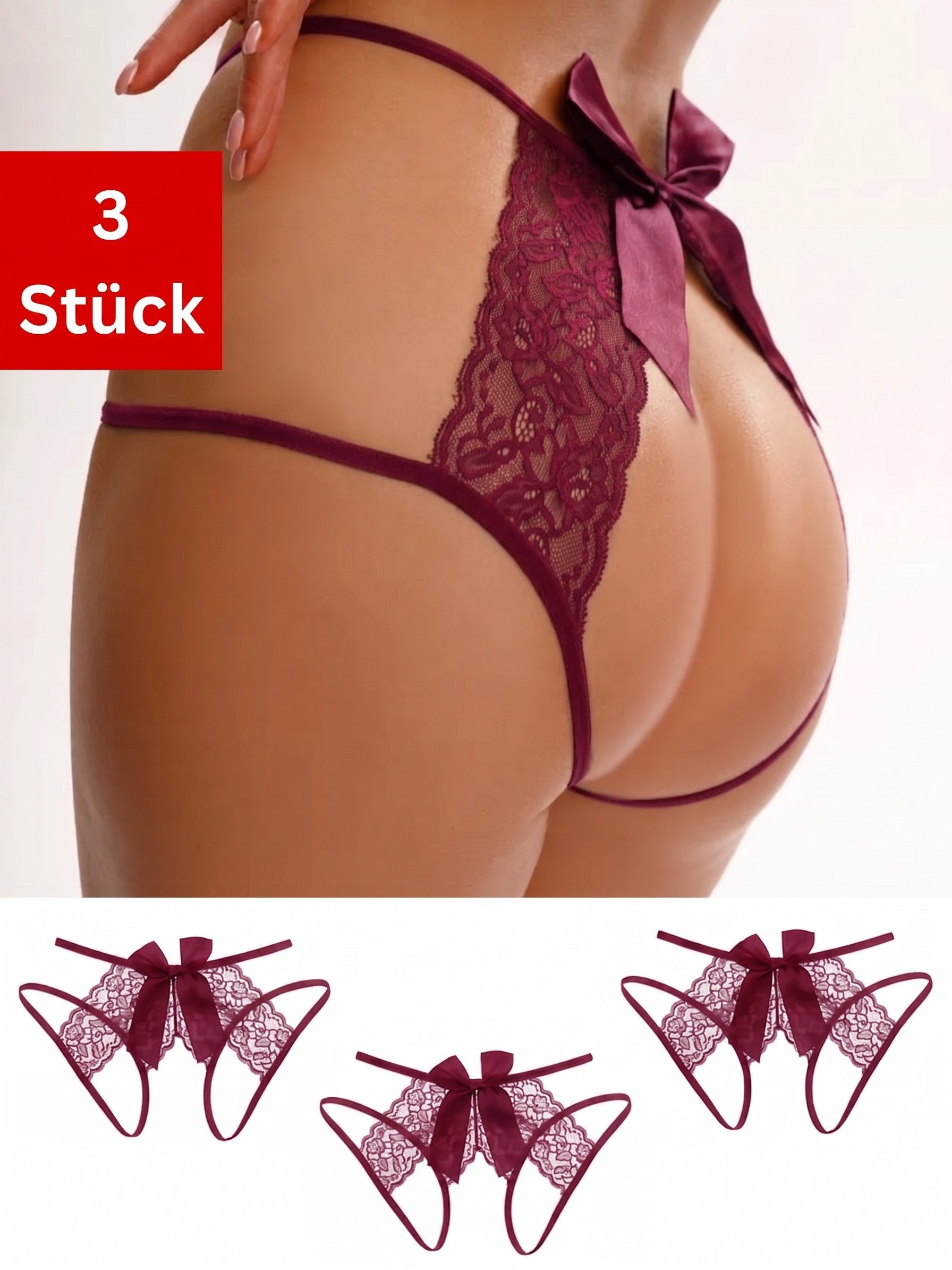 Elegant Love Tanga-Ouvert Damen Slip-Ouvert: Spitzen-Tanga mit offenem Schritt (Packung, 3-St., 3er-Pack) Damen String aus transparentem Material – elegantes Dessous