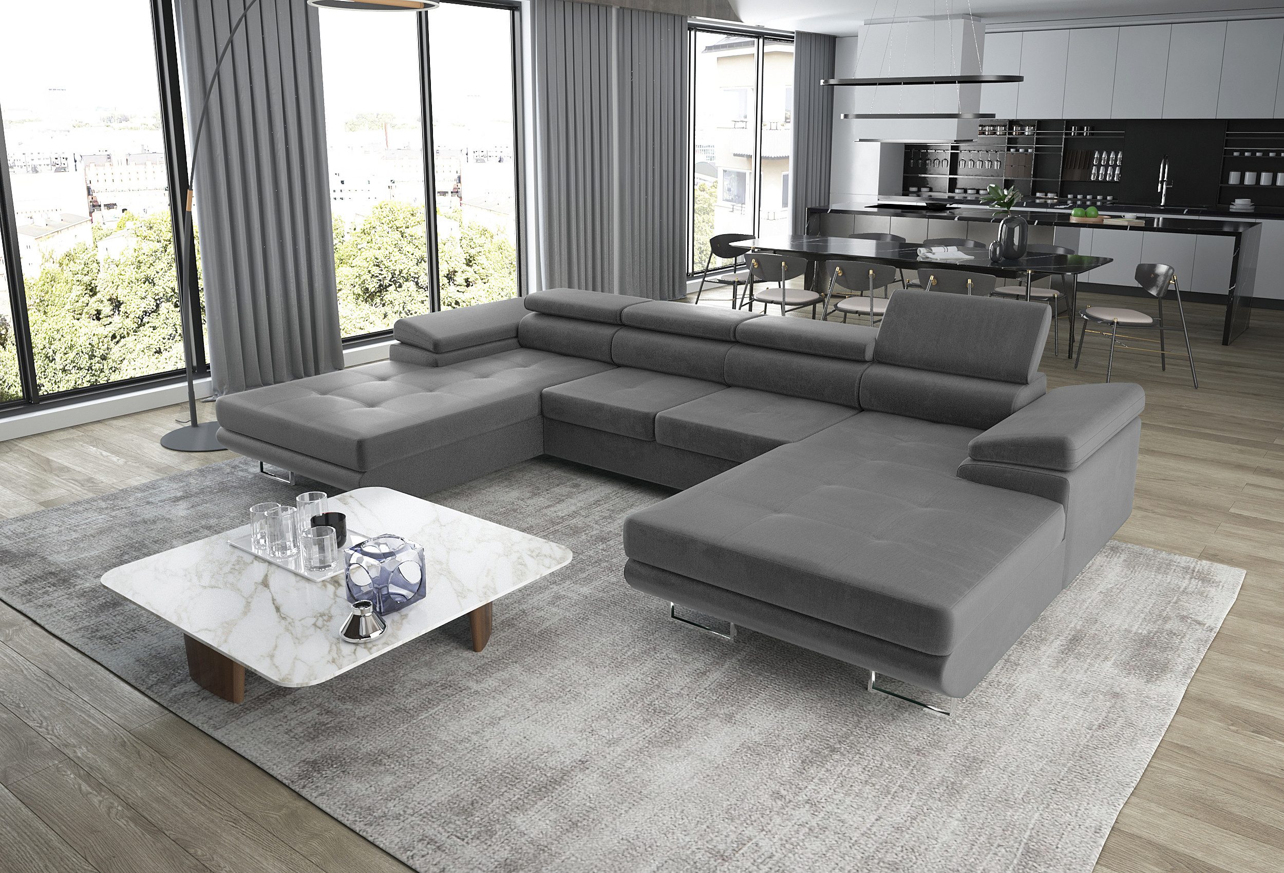 thematys Ecksofa ALVARO U 355 x 162cm mit Schlaffunktion & Bettkasten –, U-Sofa mit verstellbaren Kopfstützen, Samt (Monolotith), oder Cord (Poso) - U-Form, XL-Wohnlandschaft, 355 cm breit