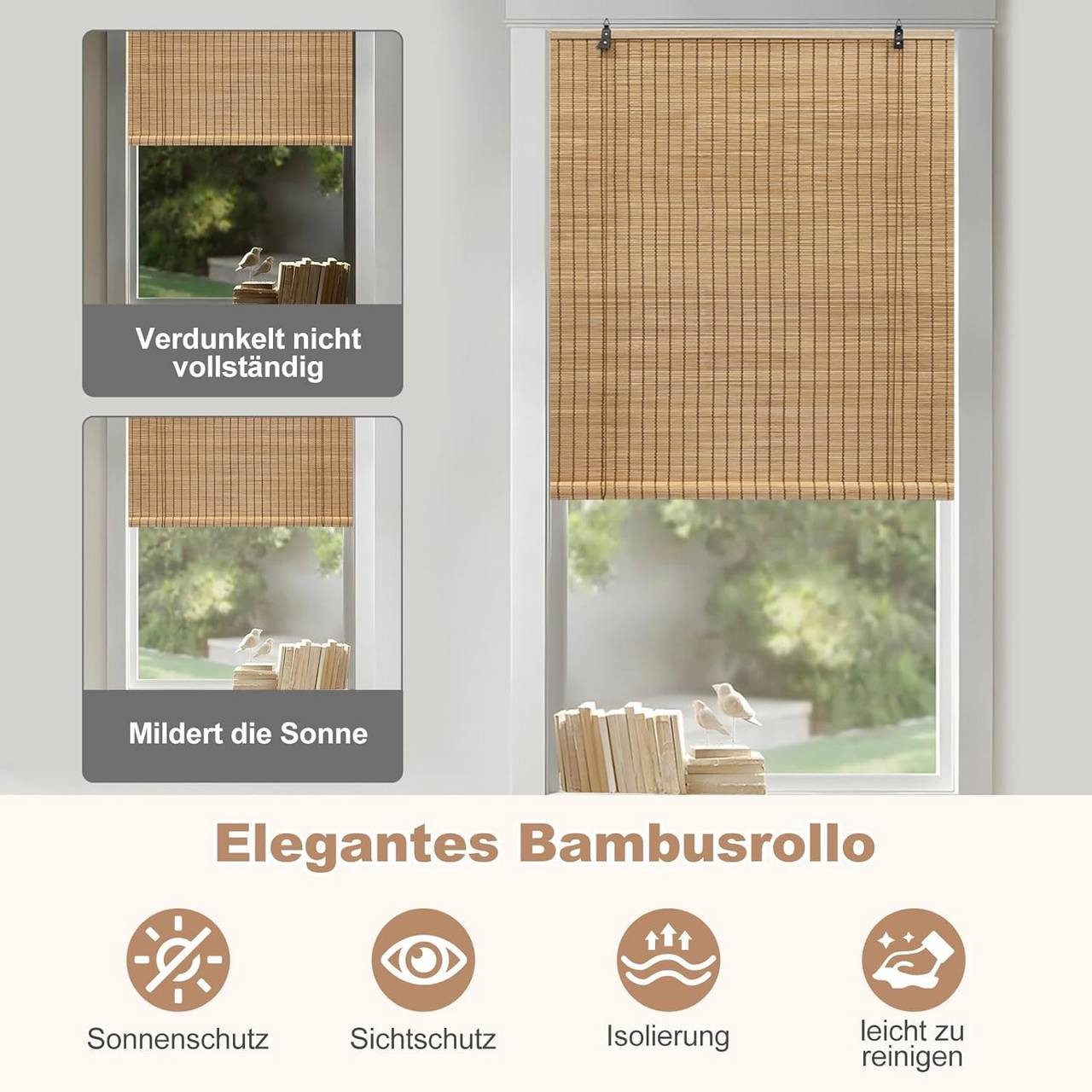 Rollo, Woltu, blickdicht, Mit Bohren, Bambusrollo Sonnenschutz Seitenzugrollo, für Fenster Tür Terrasse