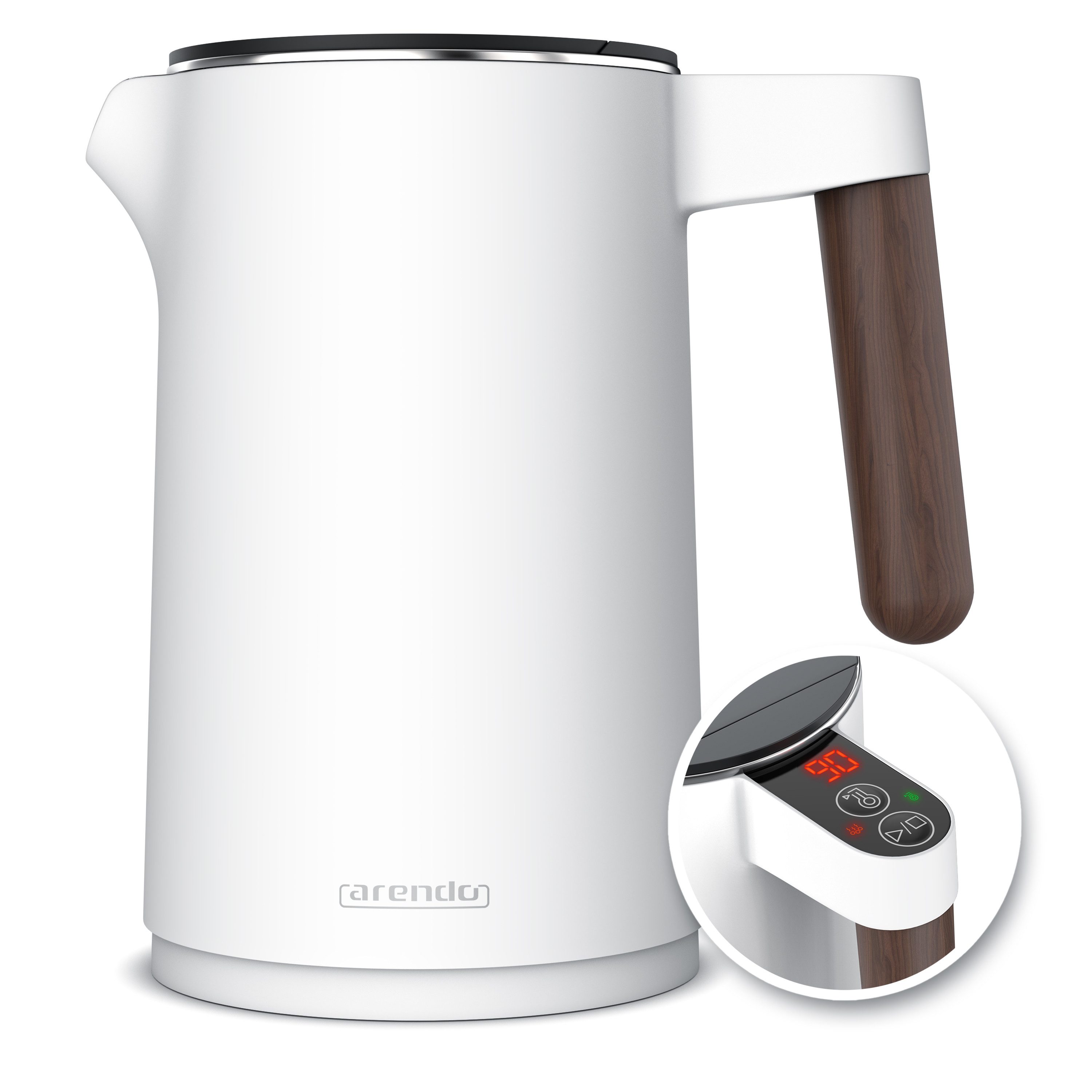Arendo Wasserkocher Edelstahl, Temperatureinstellung 40° - 100 °C mit Anzeige, Doppelwand, 1,5 l, 2200 W, Warmhaltefunktion, 360° Basis, mit Griff in Holzoptik, BPA-frei