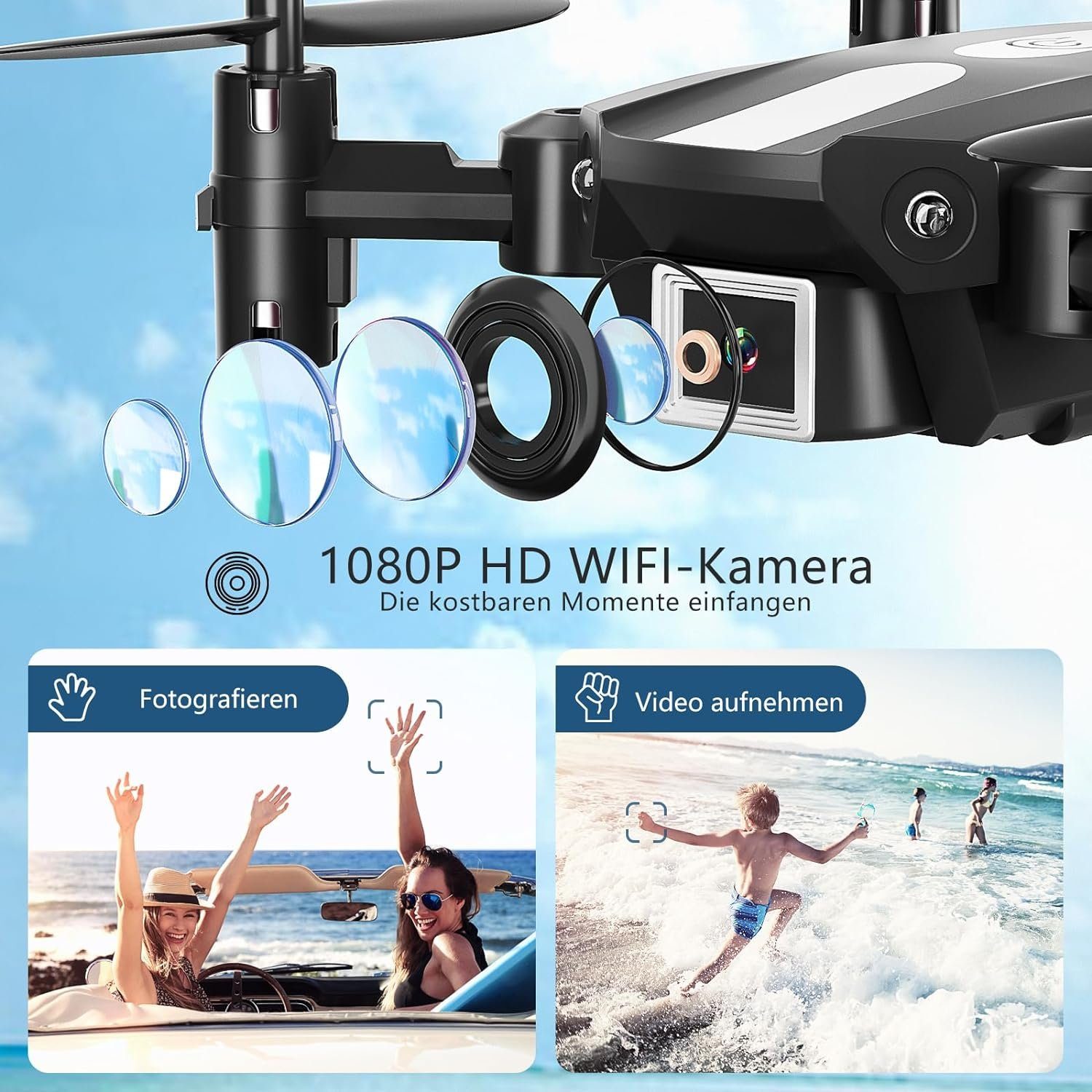 Drohne Kamera, Drohne, Gestensteuerung, Faltbar, Mini 1080P Wipkviey FPV Headless) (1080P,