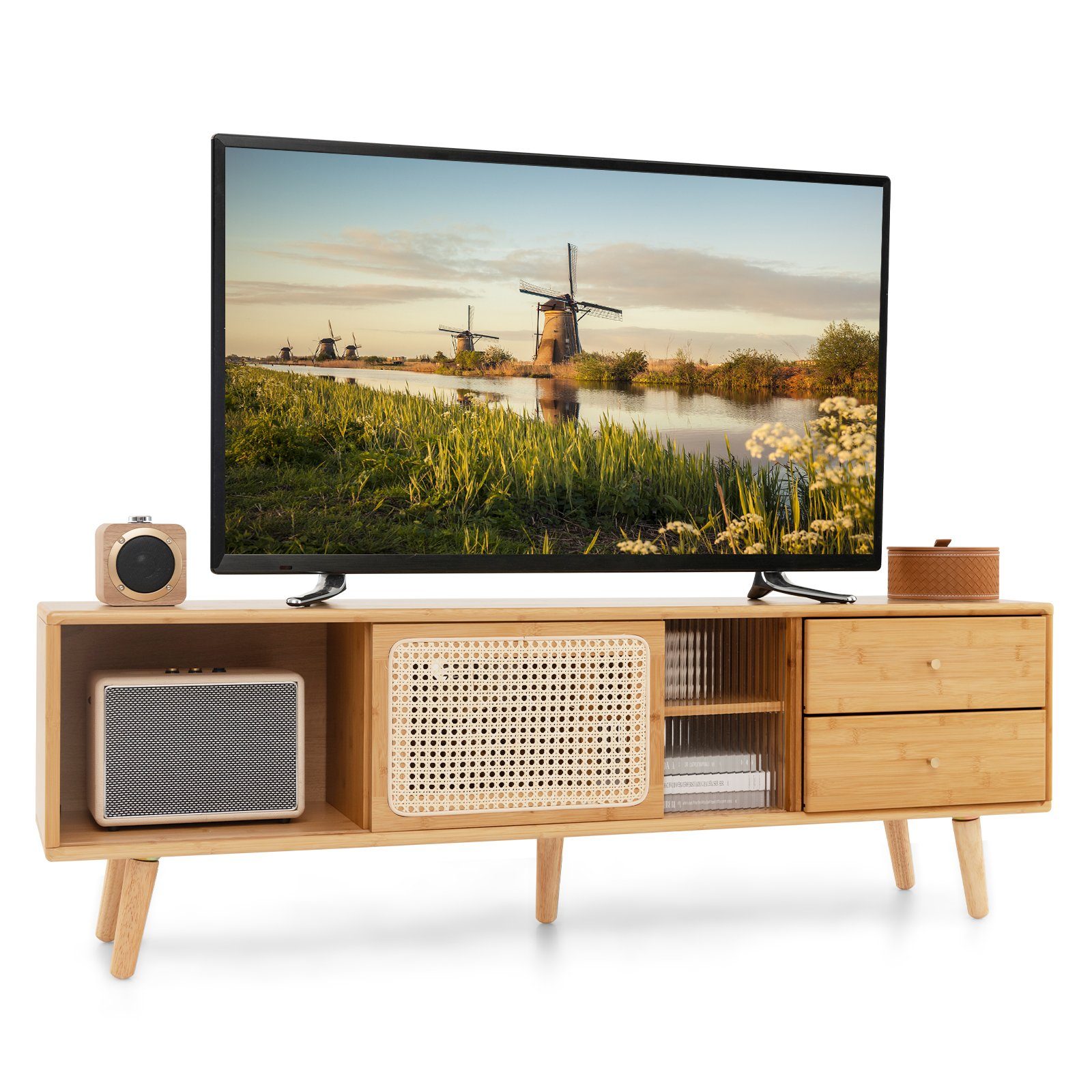 COSTWAY TV-Schrank mit 2 Schiebetüren, Glas und Bambus 2 Schubladen 140cm
