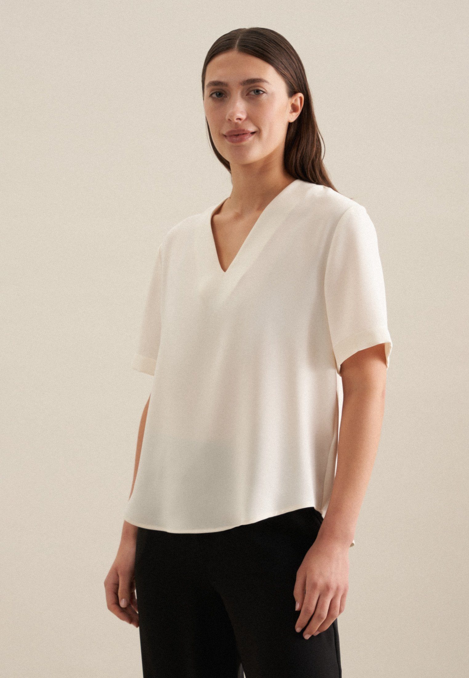 seidensticker Shirtbluse Schwarze Rose Kurzarm V-Neck Uni