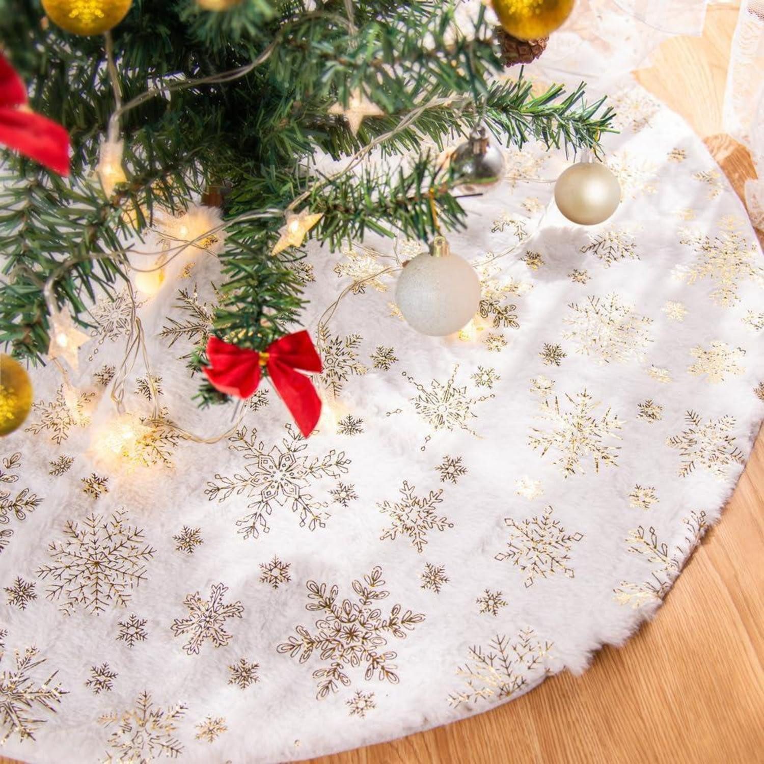 LuxusKollektion Christbaumständer Weihnachtsbaum Decke Kunstfell Schneeflocke Gold 90cm