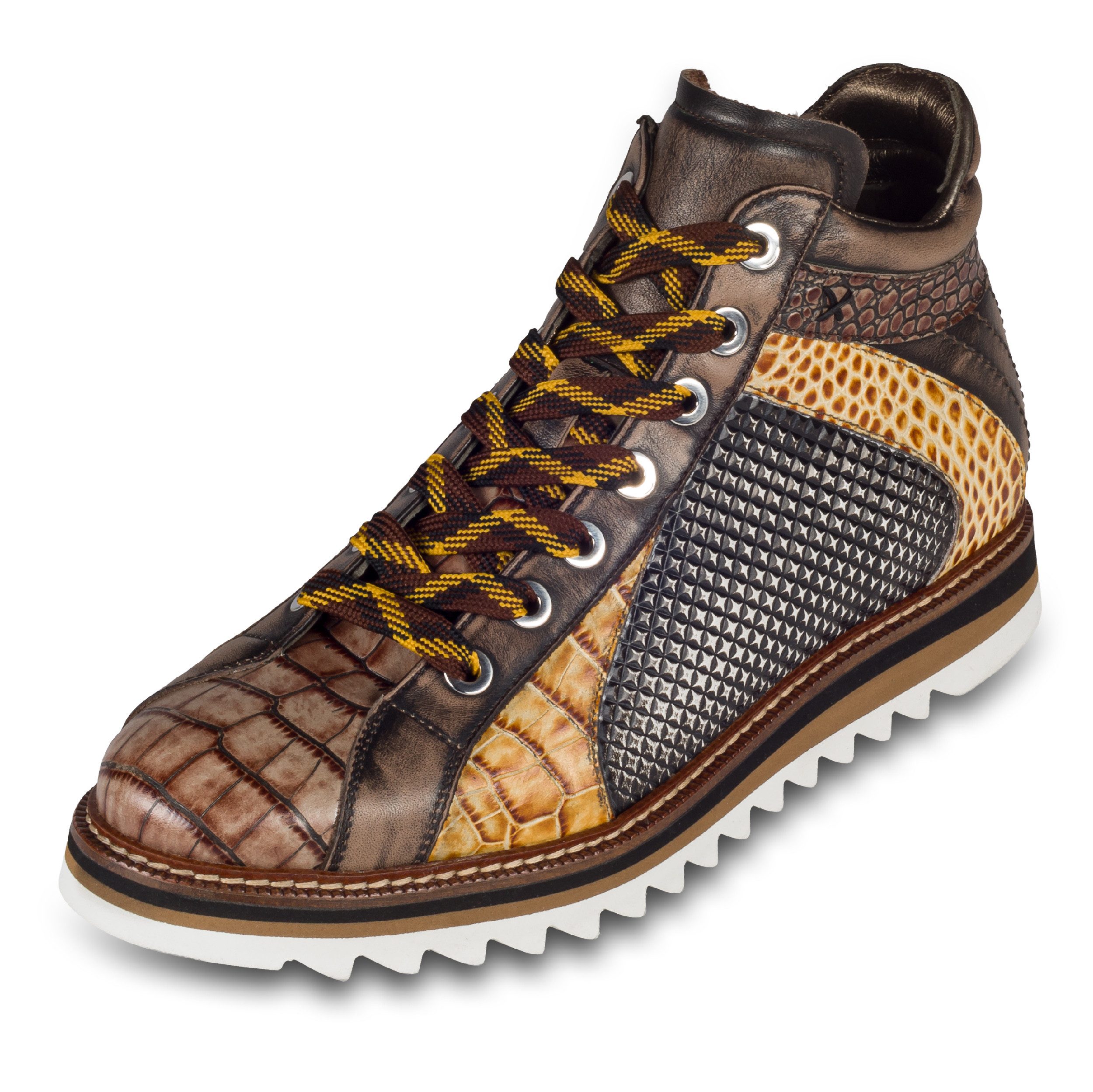 Lorenzi Herren Sneaker-Stiefel schwarz/braun - Leder, Lammfell, Kroko-Prägung Sneaker Handgefertigt in Italien