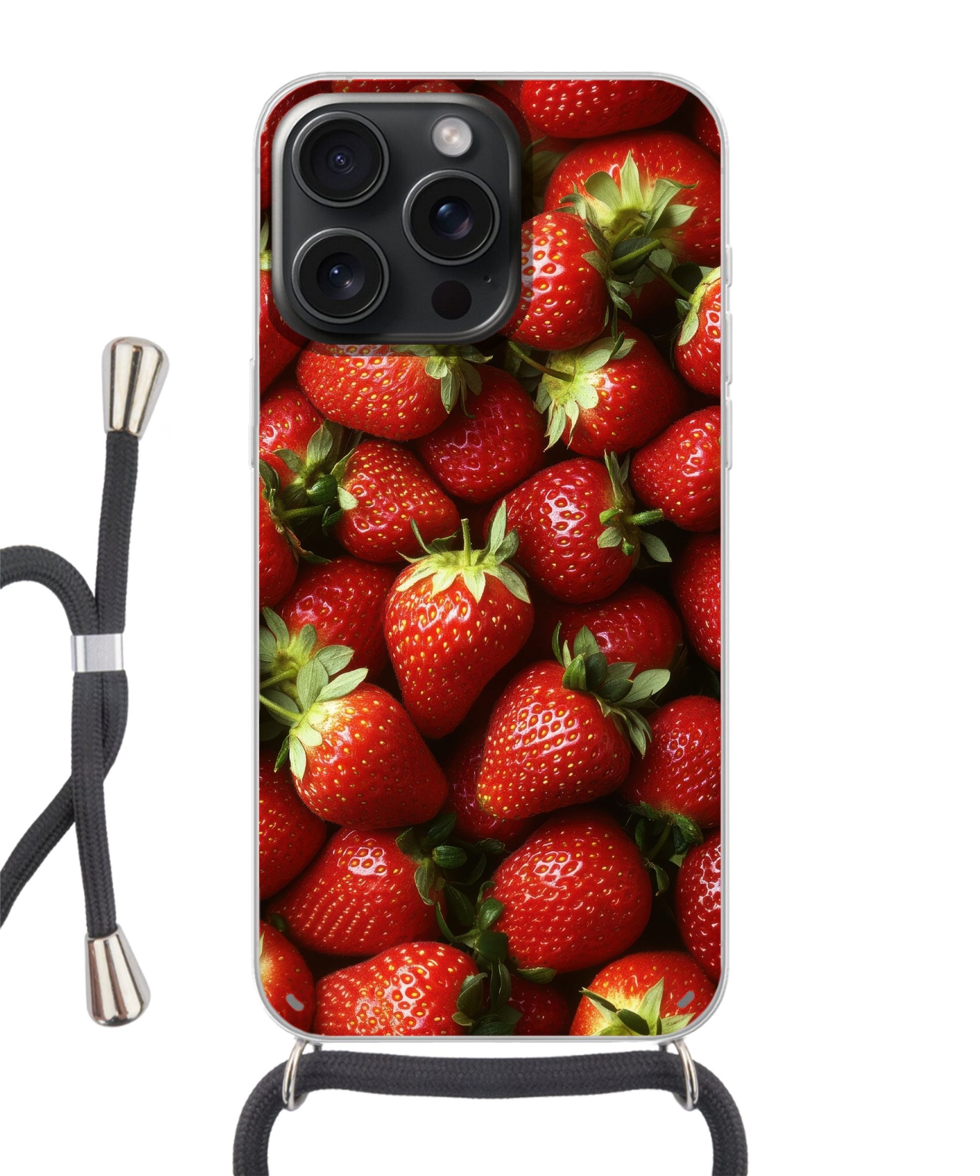 MuchoWow Handyhülle für Apple iPhone 15 Pro Max Erdbeere - Obst - Rot, Tragbare Handyhüllen mit Kette zum umhängen, Handykette Handyband