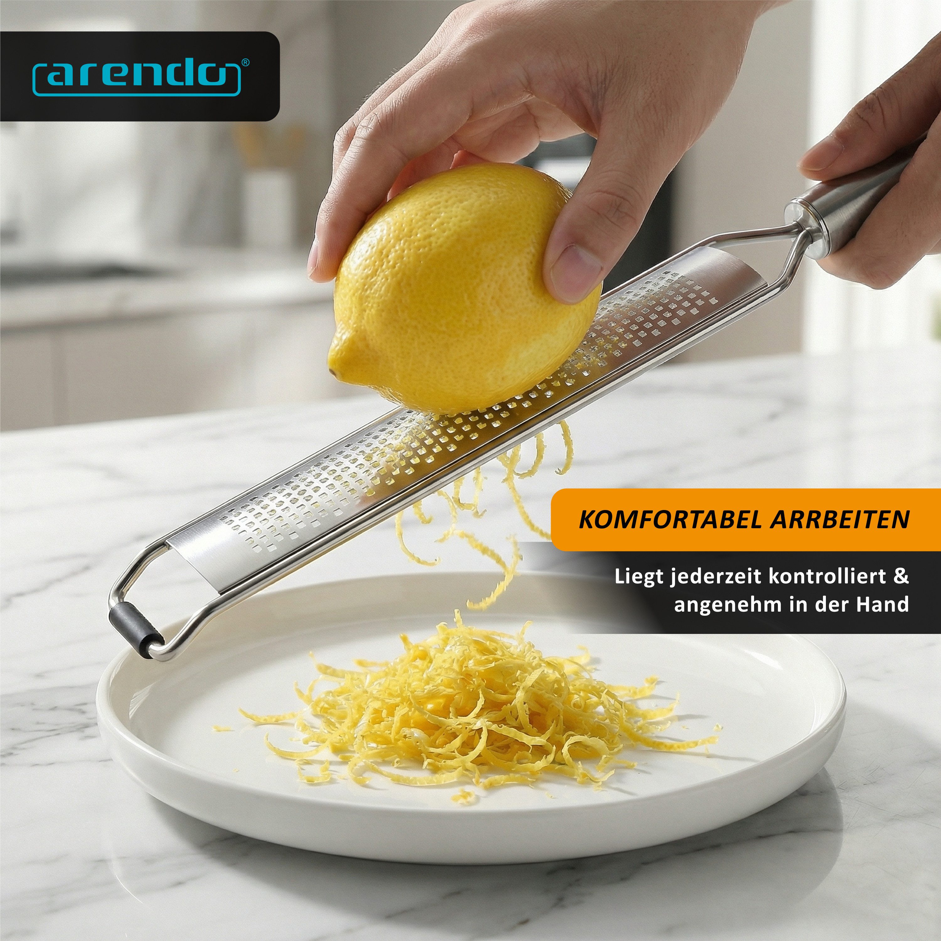 Arendo Multireibe Feinreibe für Zitronen, Parmesan, Muskat, Ingwer & Schokolade, Edelstahl, (2-St., Zesterreibe), Scharfe Edelstahlklinge, Schutzabdeckung, Antirutschfuß, Aufhängeloch