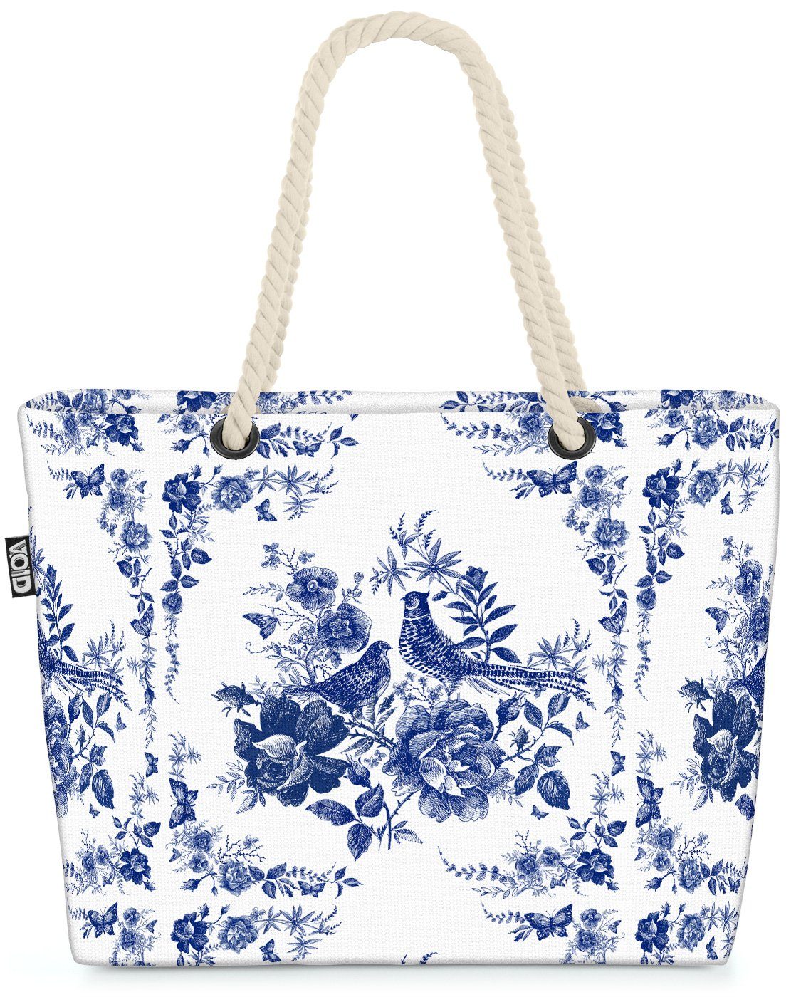 VOID Strandtasche (1-tlg), Fasan Blumenbukett Beach Bag Fliesen Blau Weiss Dekoration Landhaus Stil Rosen