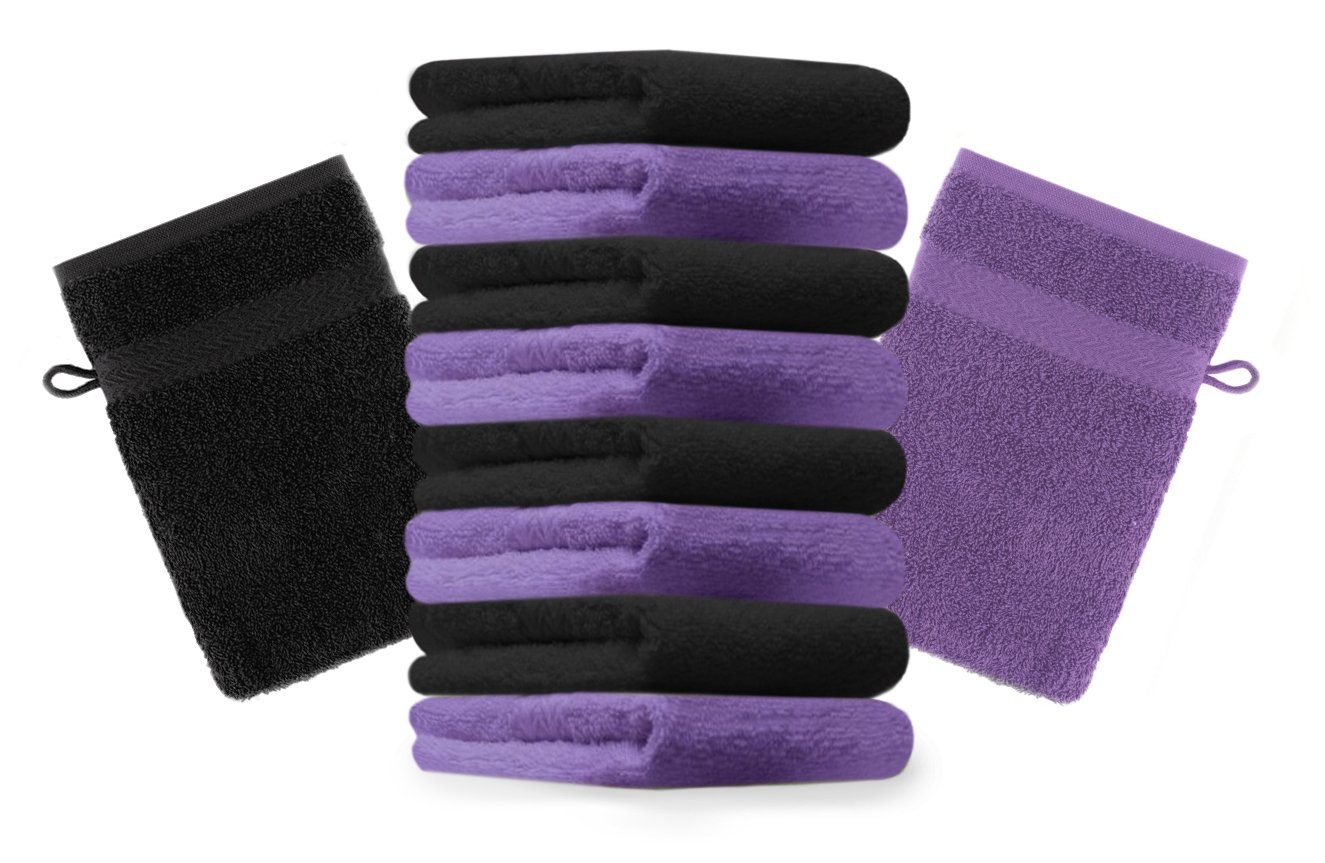 Betz Waschhandschuh 10 Stück Waschhandschuhe Premium 100% Baumwolle Waschlappen Set 16x21 cm Farbe lila und schwarz