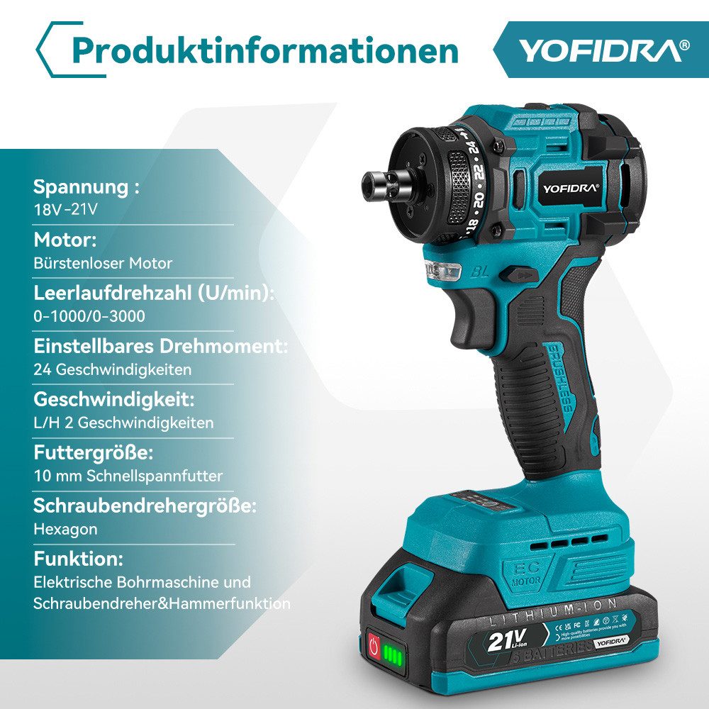 Yofidra Akku-Bohrschrauber Bürstenlos mit 2 Akkus & 31-teiligem Zubehör, 21+3 Drehmomentstufen, max. 3000 U/min, 2 Gänge bis 3000 RPM – ideal für Reparaturen & DIY-Projekte