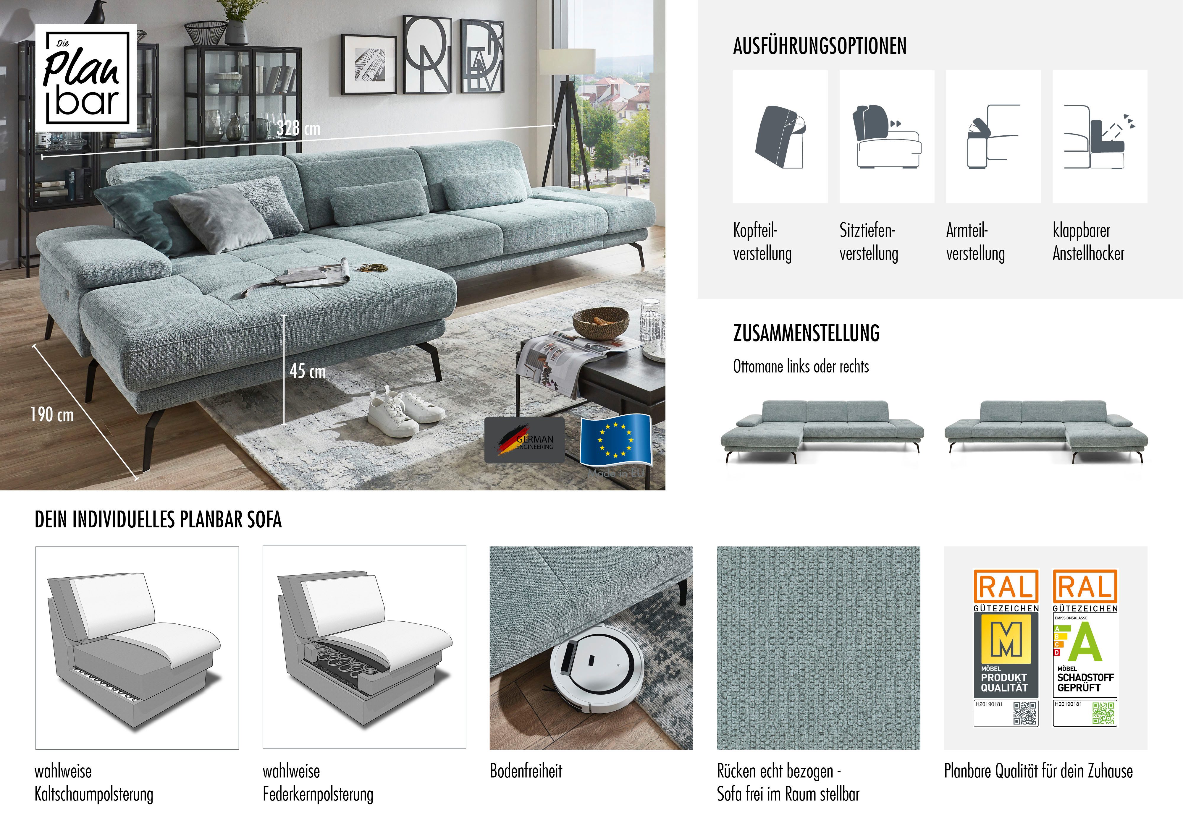 Die PlanBar Ecksofa MP-IN20126 L-Form mit Federkern-Polsterung, mit Kopfteilverstellung, optional Sitztiefen- & Armteilverstellung