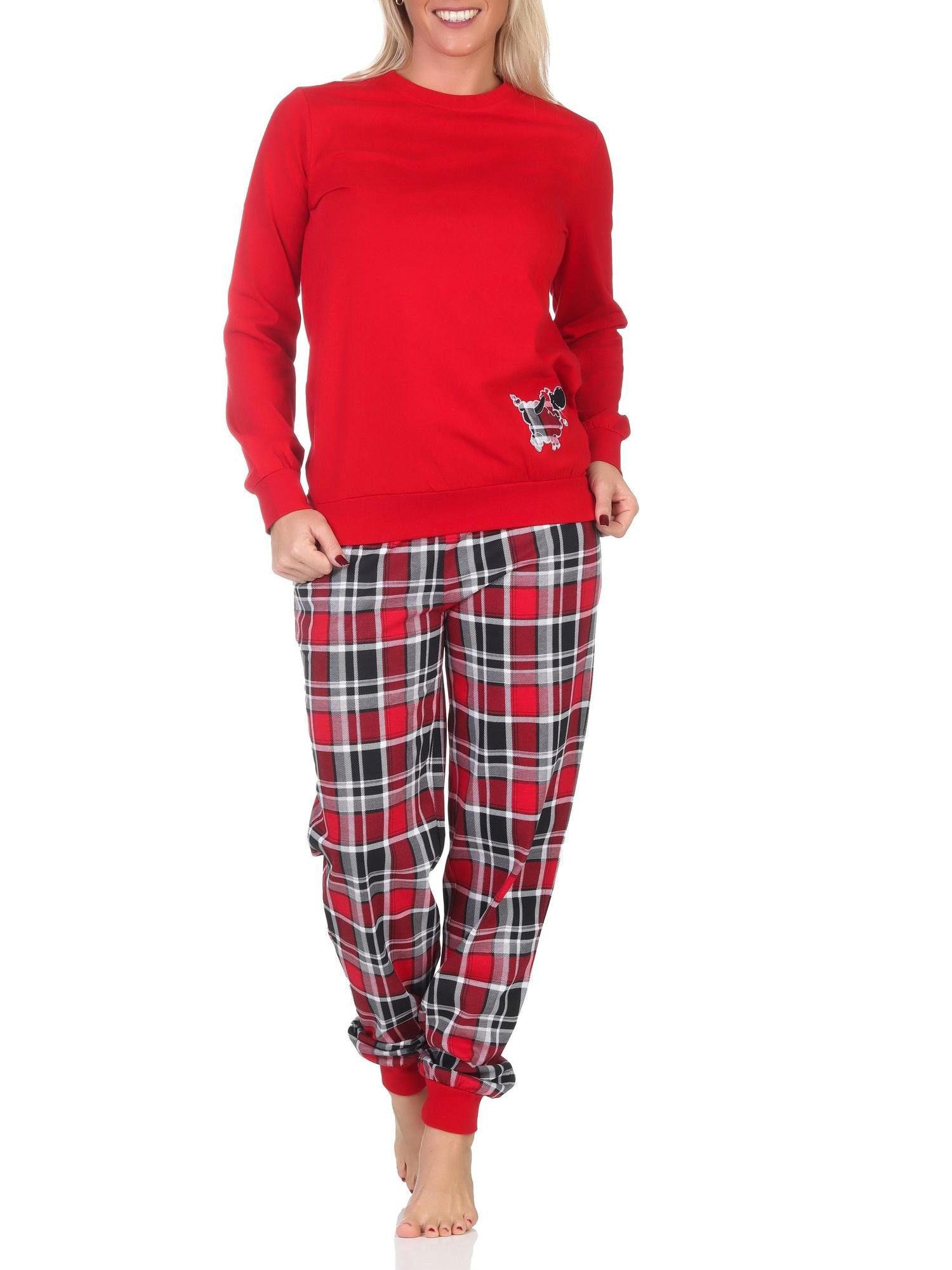 Normann Pyjama Damen Schlafanzug mit Bündchen mit Karohose und niedlichen Tiermotiv