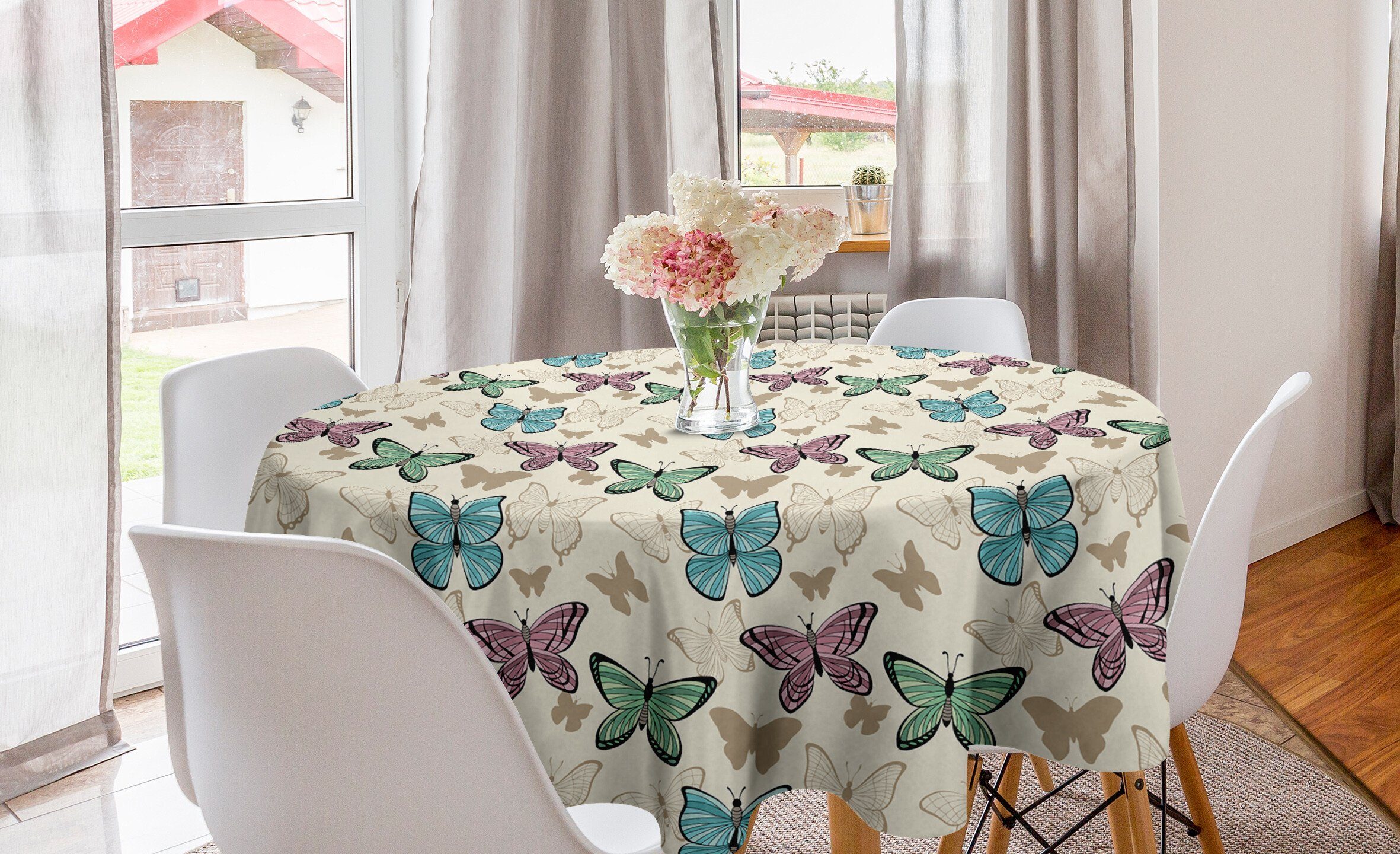 Abakuhaus Tischdecke Kreis Tischdecke Pink Esszimmer Dekoration, Schmetterlinge Abdeckung Und Blau für Küche