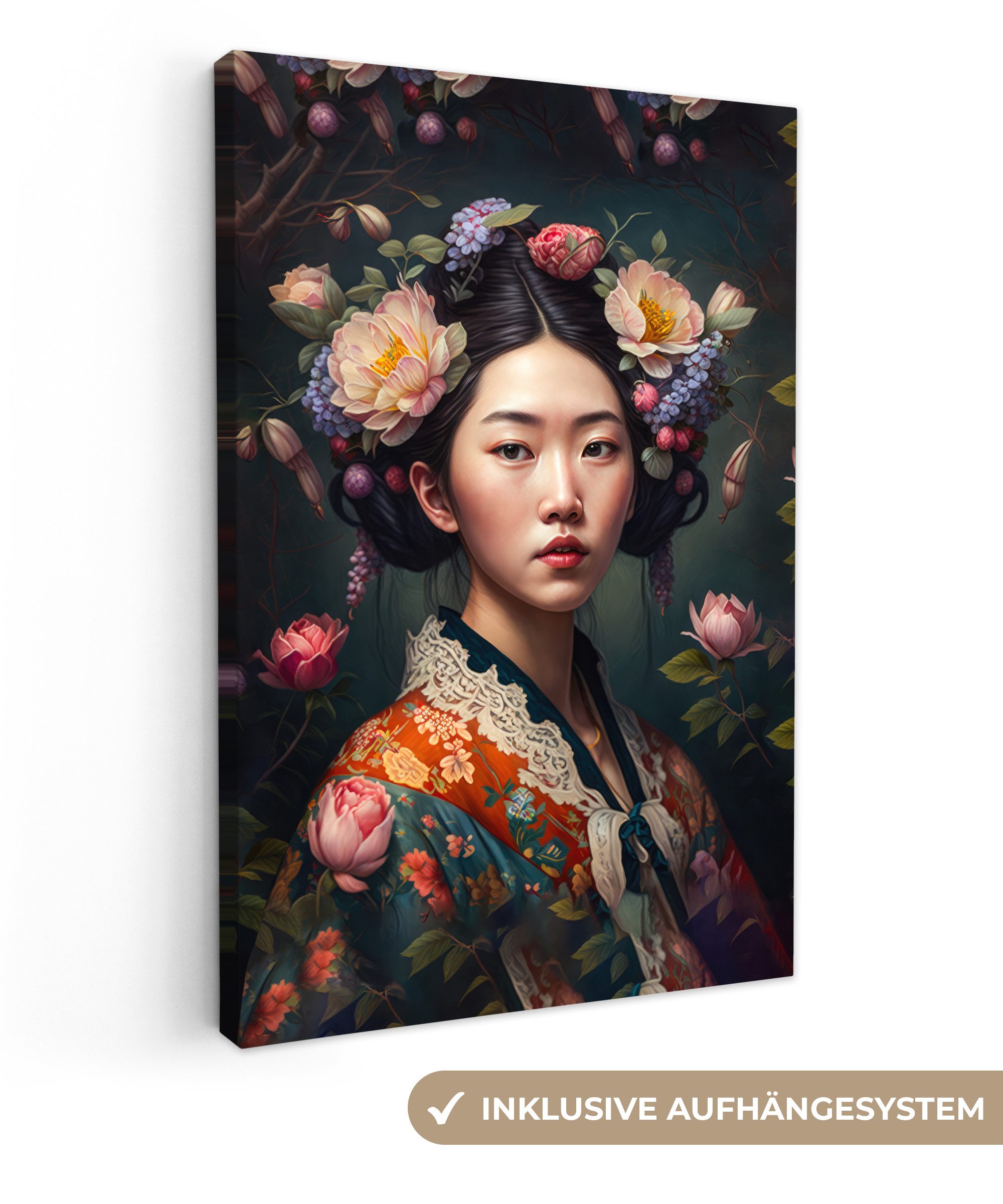 OneMillionCanvasses® Leinwandbild Frau - Blumen - Kimono - Porträt - Asiati günstig online kaufen