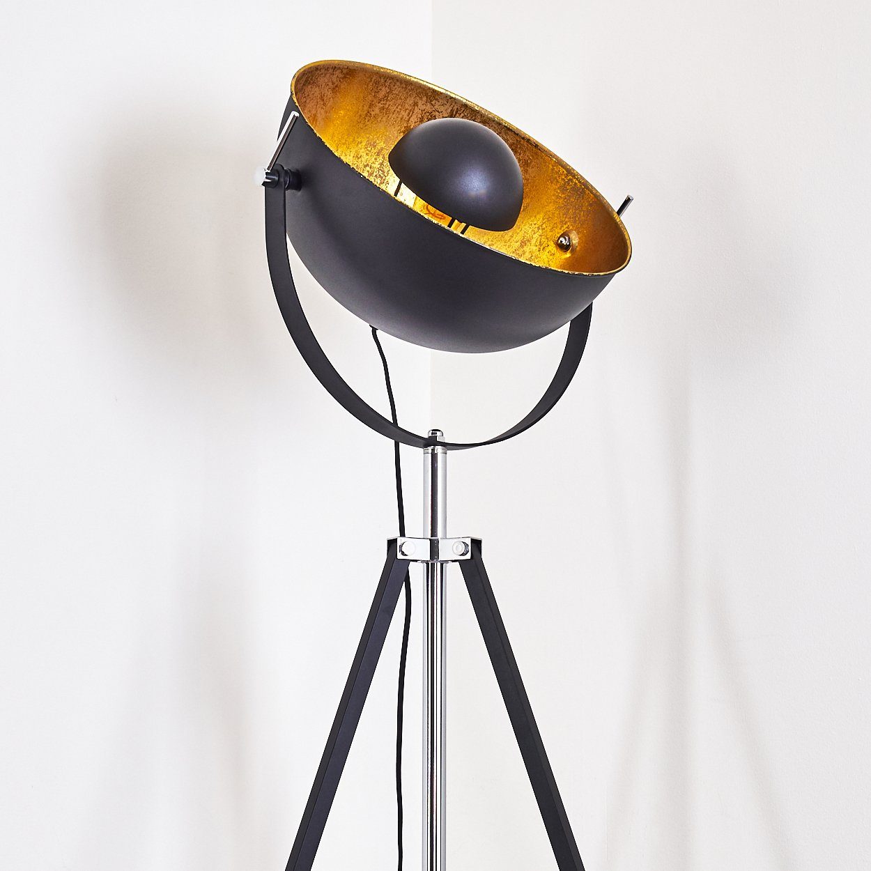 Holz in Stehlampe in hofstein Vintage »Ghedi« Schwarz/Gold Ø45cm, verstellbare Gestell Stehleuchte Weiß, Leuchtmittel, E27, aus Bodenleuchte ohne Metall,