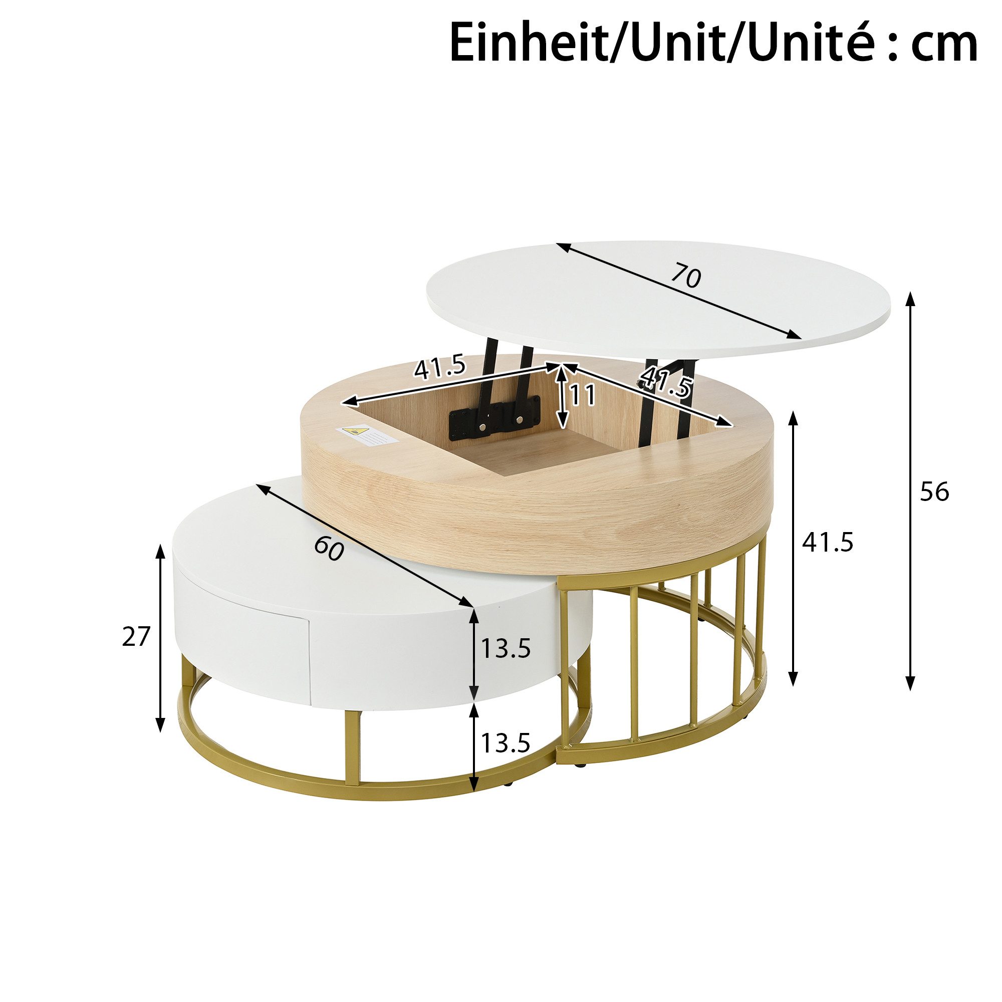 Merax Couchtisch Set mit goldenen Metallrahmen und Schubladen, mit ausziehbarer Tischplatte, Satztisch mit Stauraum, Kaffeetisch – Bild 4 von 5