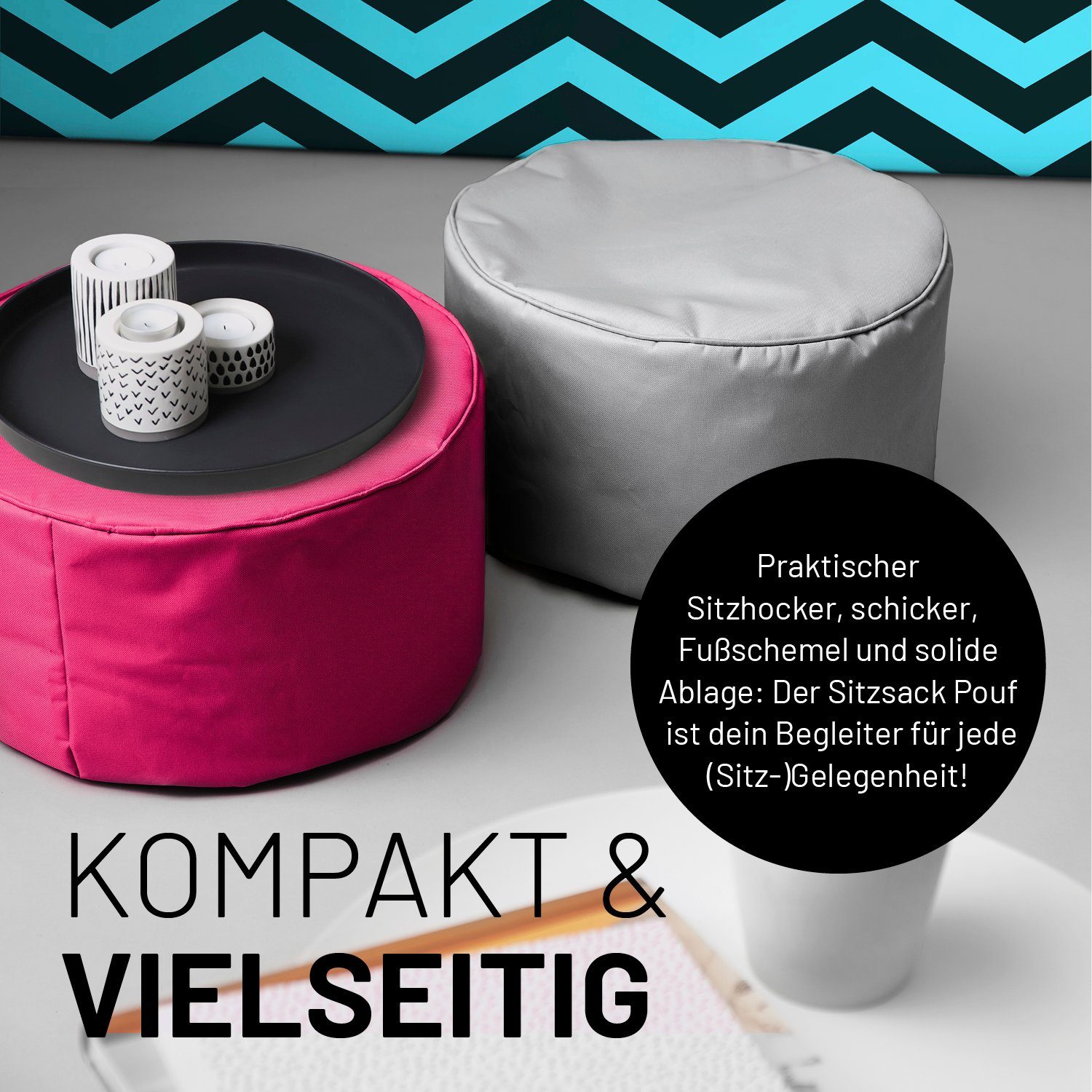 Lumaland Sitzsack Pouf 50L kompakt Garantie Fußsack Jahre Tisch, 5 & in- & beige Hocker, Outdoor, 25x45cm