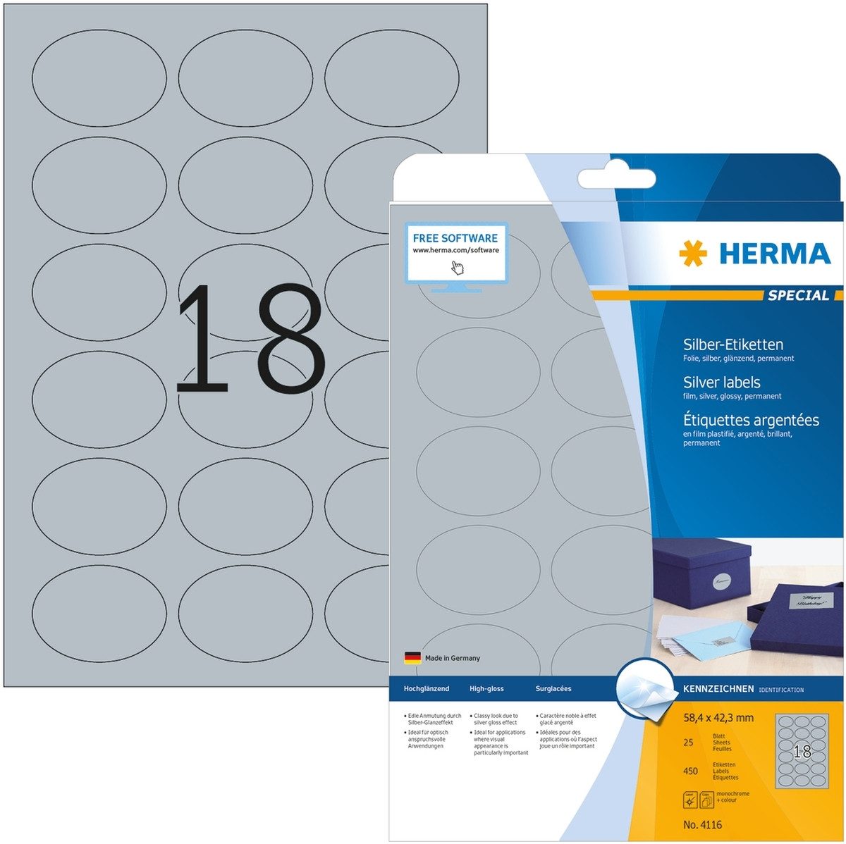 HERMA Etiketten Etiketten Folie silber 58,4x42,3mm oval Special A4 LaserCopy VE=450 St
